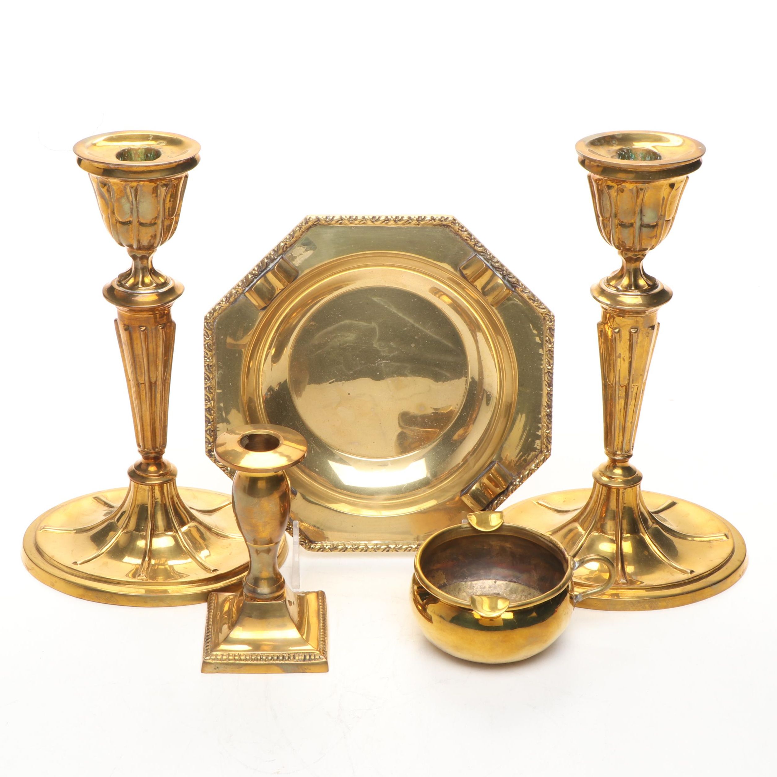 Indian Brass Candlesticks with Other Brass Candlestick and Ashtrays