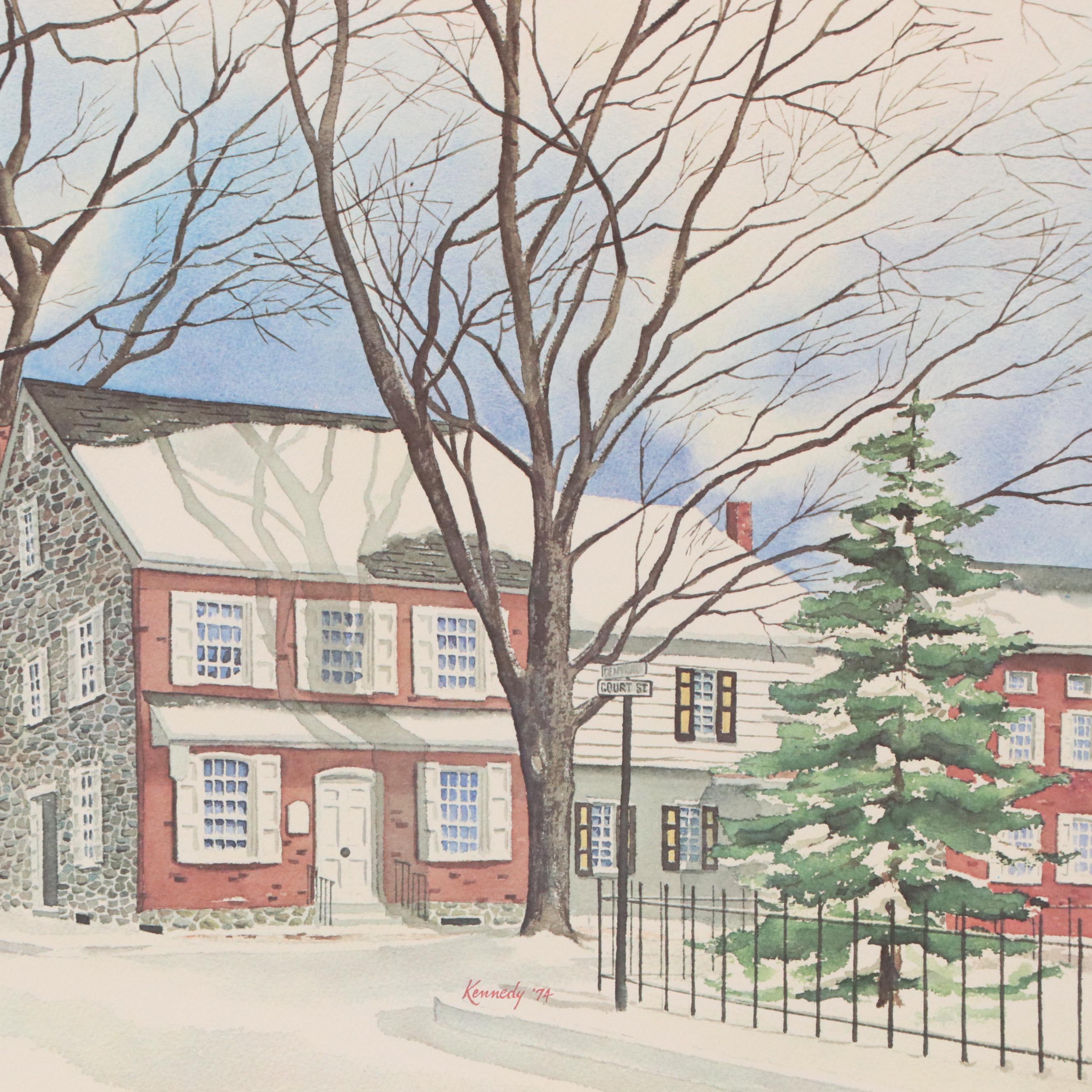 Offset Lithograph After Thomas E. Kennedy with Winter Street Scene, 1974