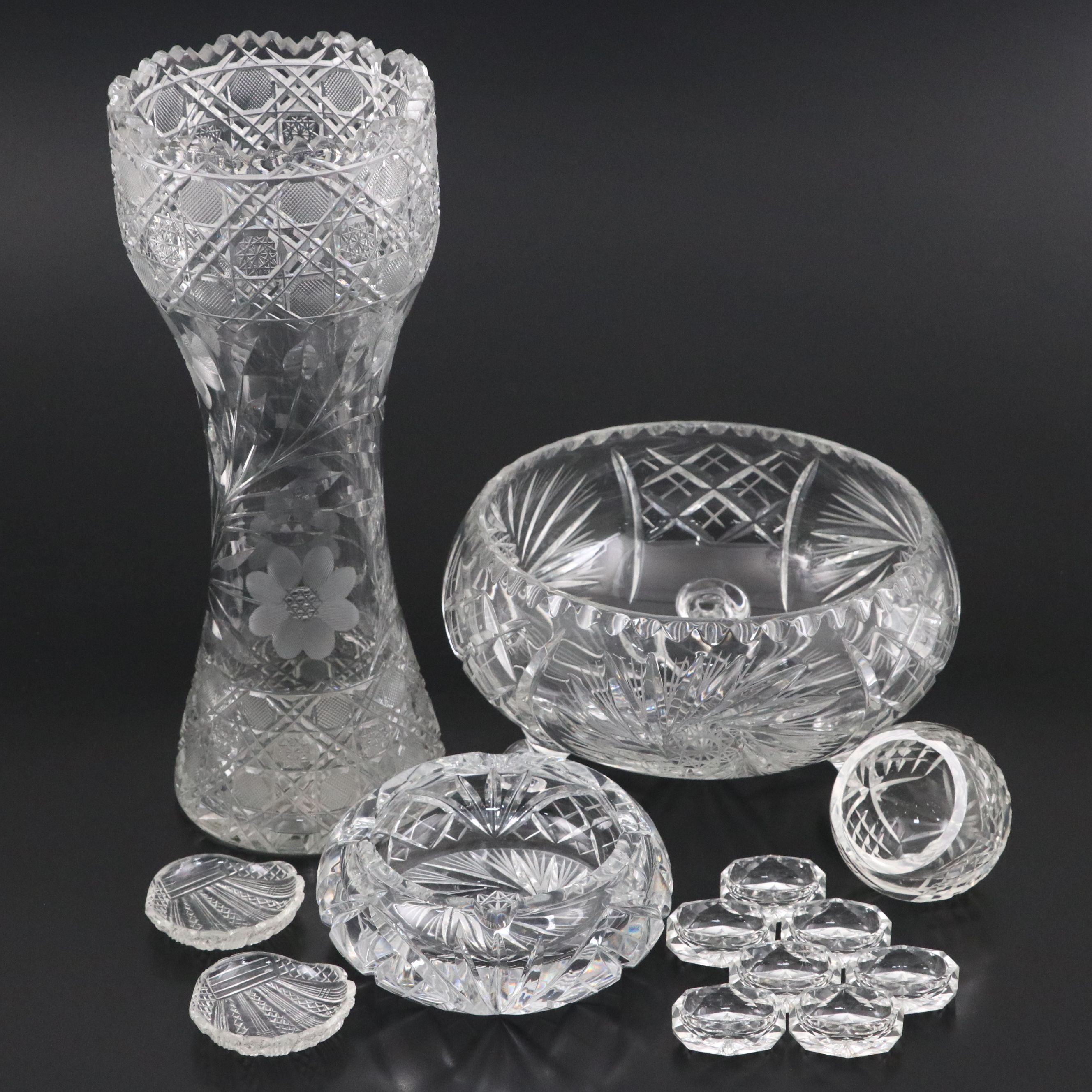 American Brilliant Cut Crystal Vase, Crystal Salt Cellars, and More Table Décor