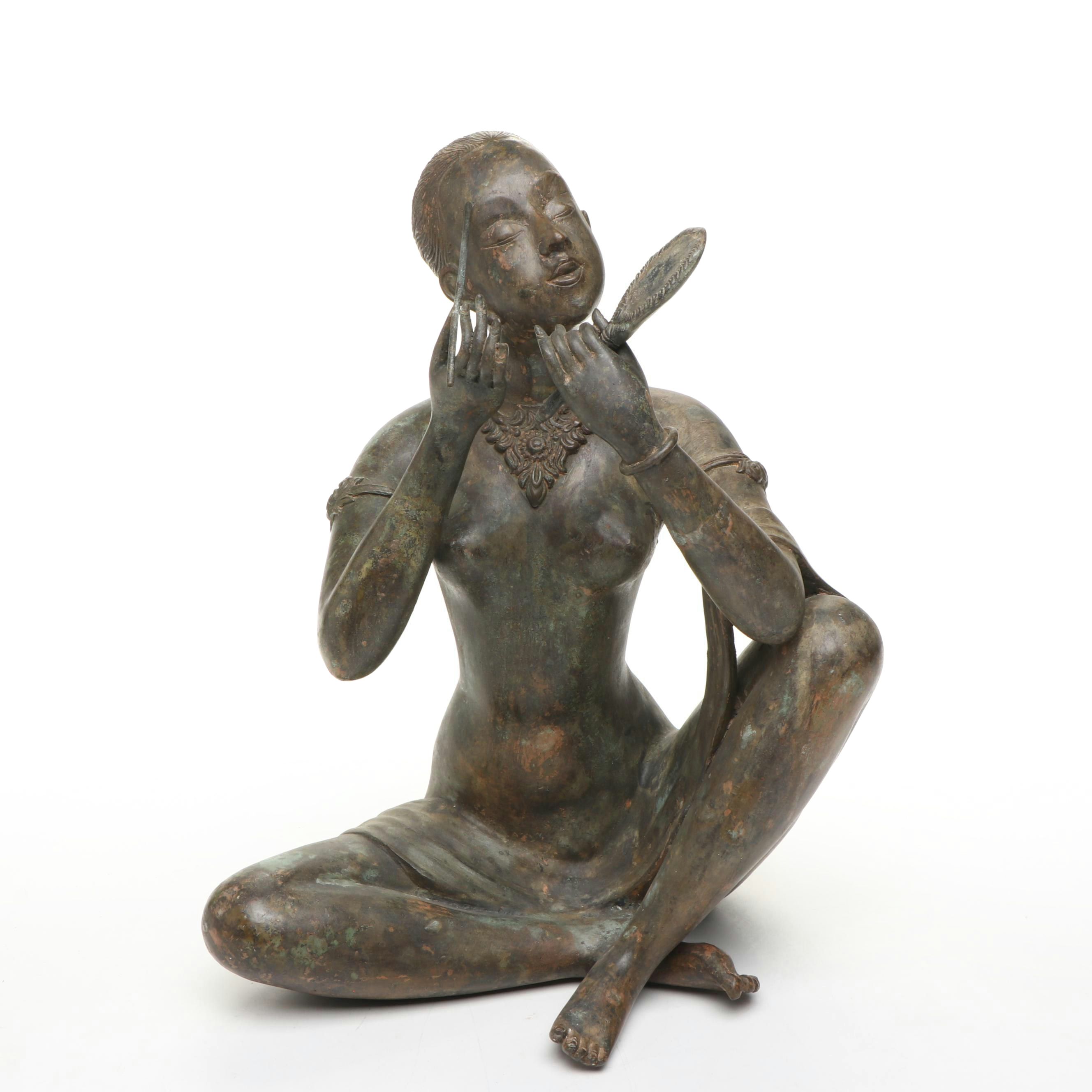 Thai Woman Doing Her Makeup Patinated Cast Bronze Sculpture