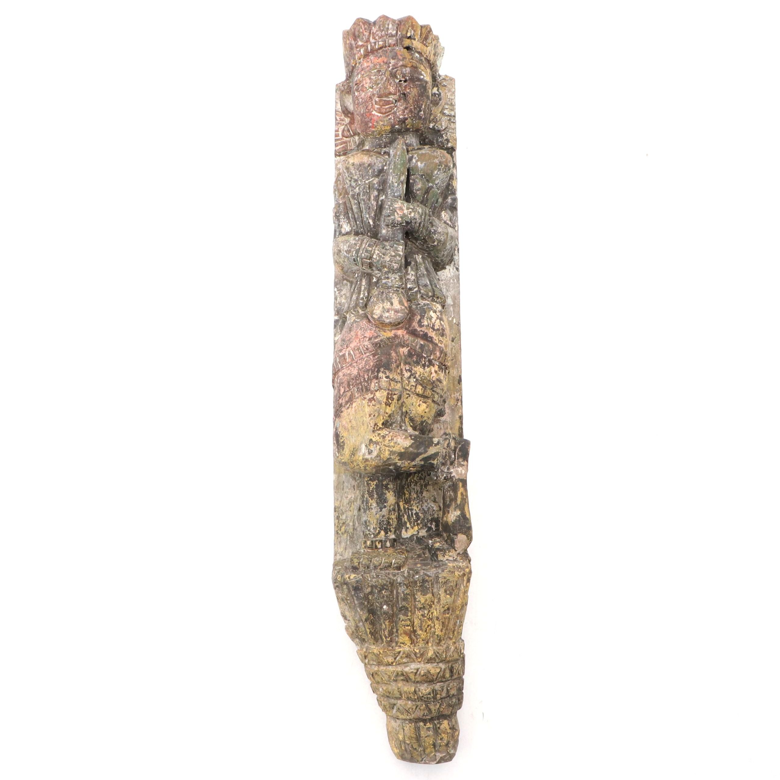 Southeast Asian Style Polychrome and Carved Wood Sculpture Depicting a Musician