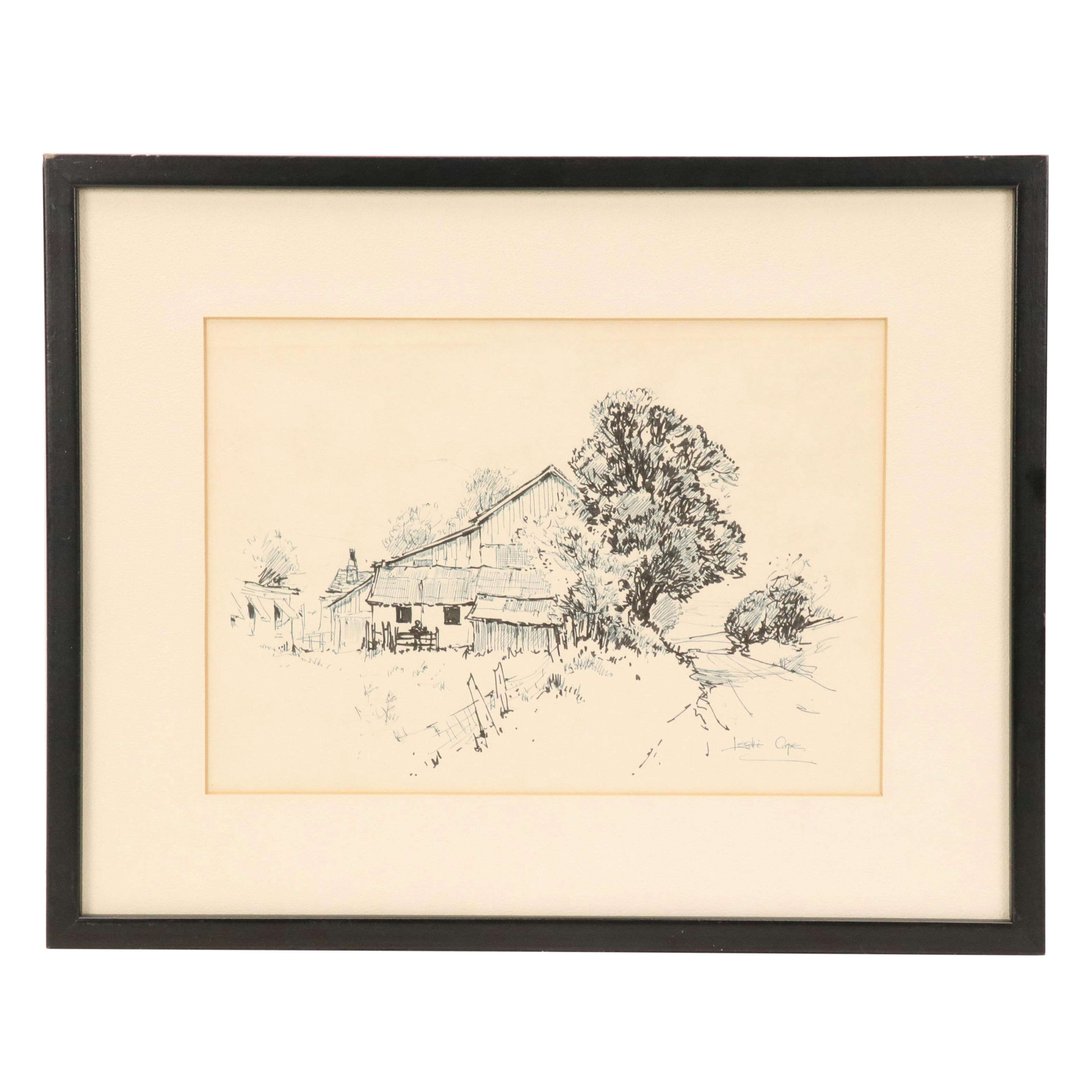 Leslie Cope Pen and Ink Drawing of American Farmhouse, Late 20th Century