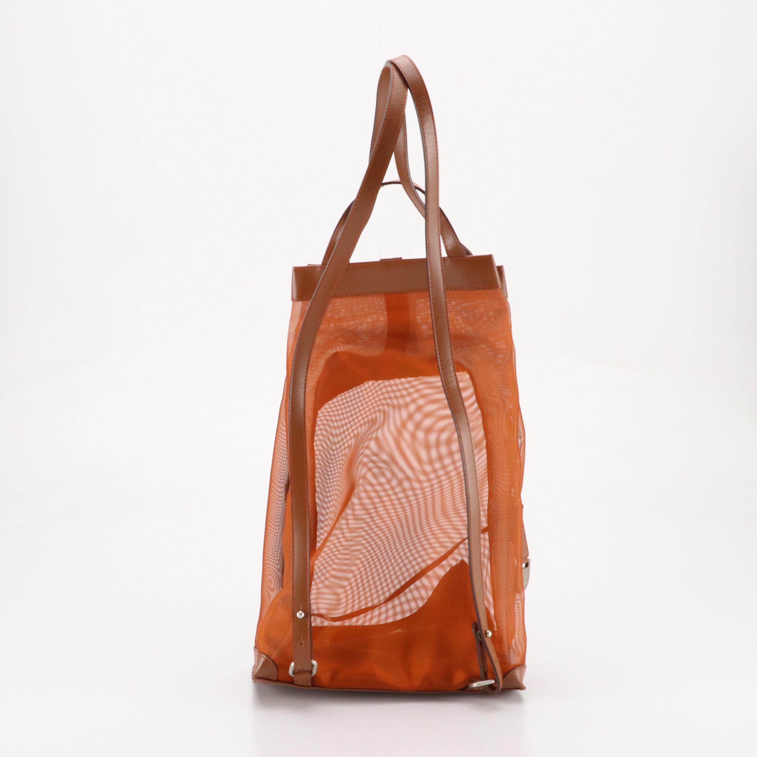 Loewe Mesh Nylon Backpack Bag and Zip Pouch with Brown Leather Trim