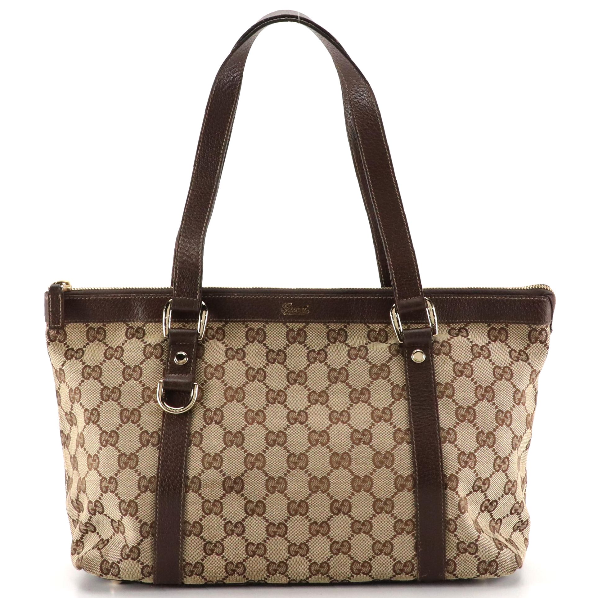 Gucci Medium Abbey D-Ring Shoulder Bag in GG Canvas and Brown Leather Trim