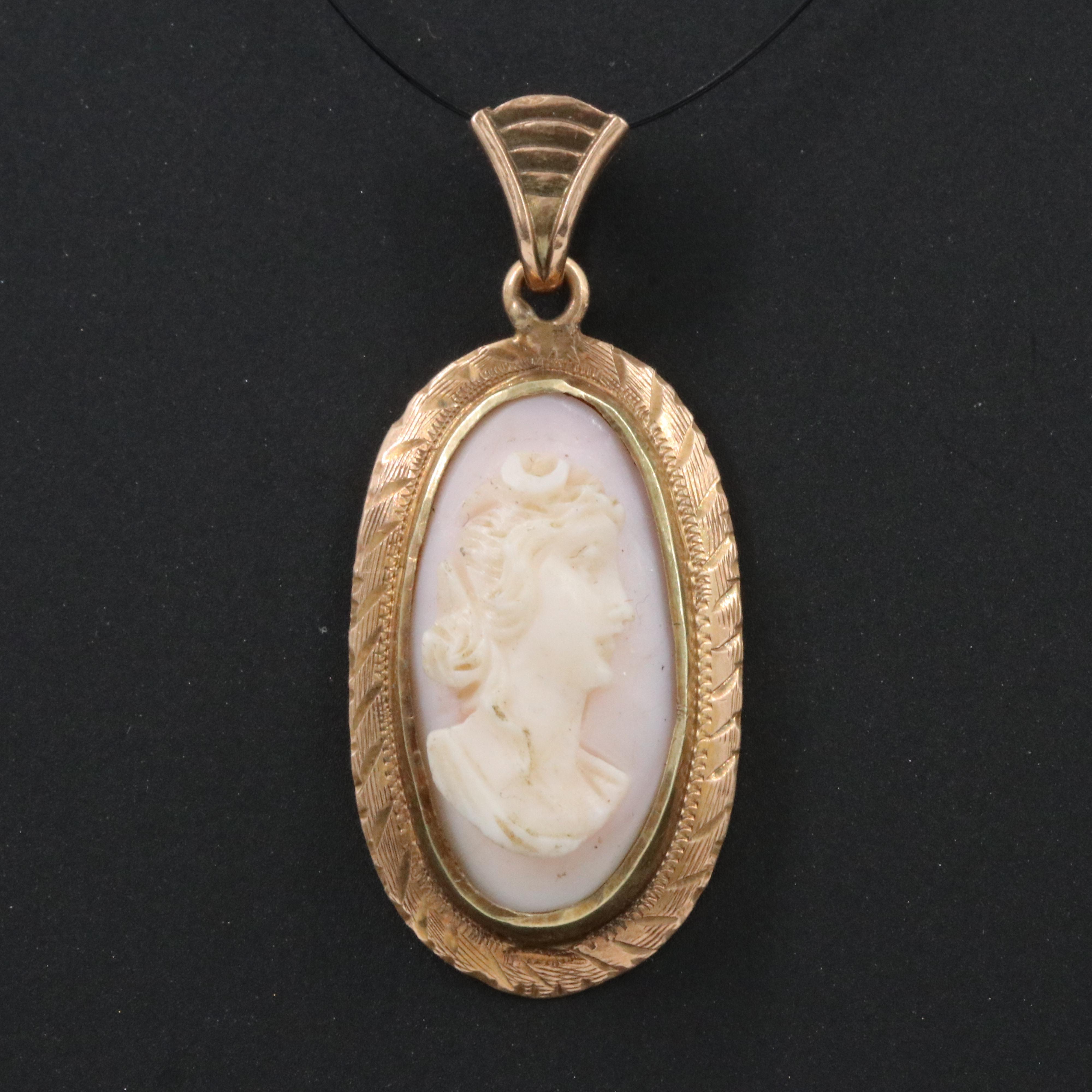 Antique 10K Shell Goddess Artemis Cameo Pendant