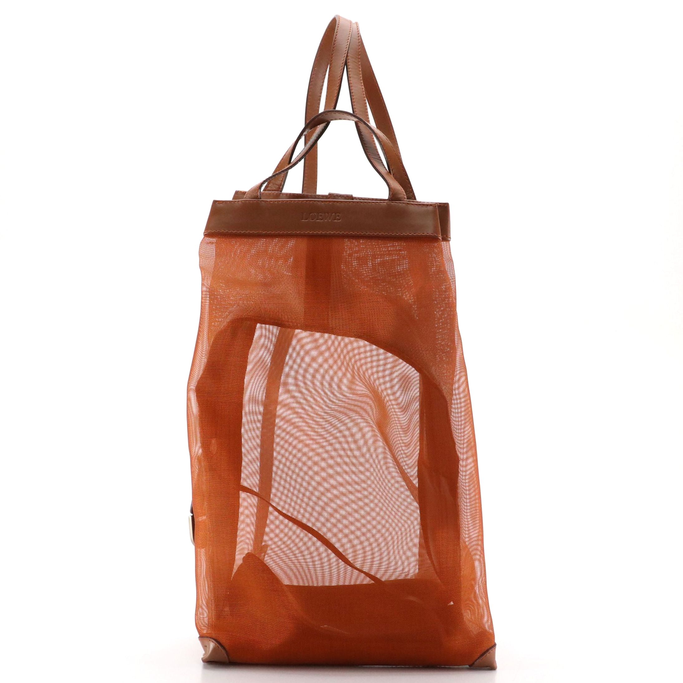 Loewe Mesh Nylon Backpack Bag and Zip Pouch with Brown Leather Trim