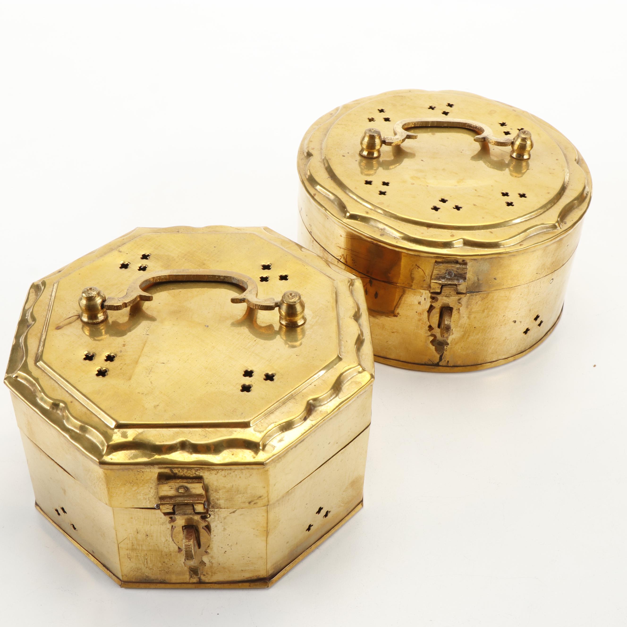 Gatco Brass Skeleton Key Hanger, Brass Cricket Boxes and Blue Glass Car Vase