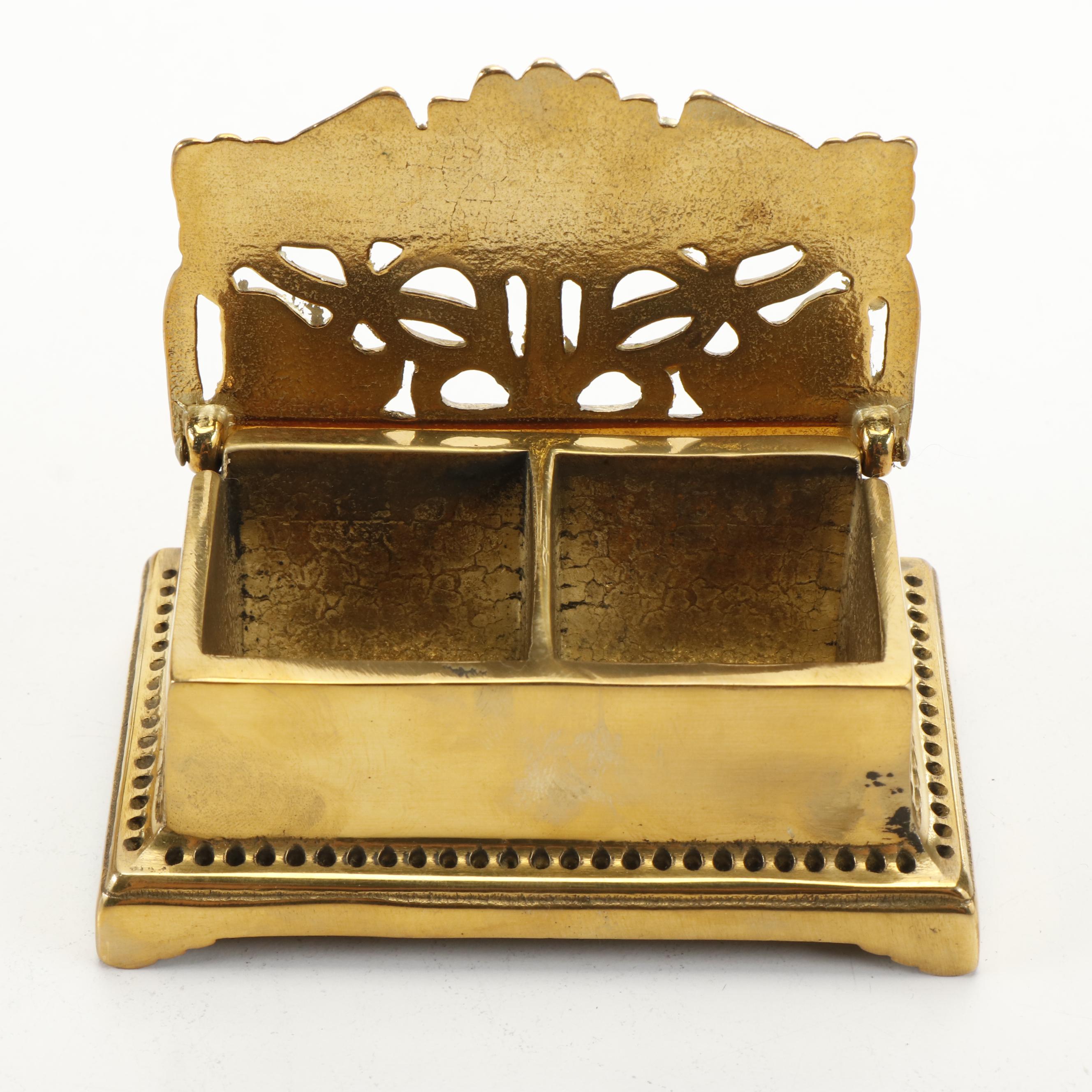 Gatco Brass Skeleton Key Hanger, Brass Cricket Boxes and Blue Glass Car Vase