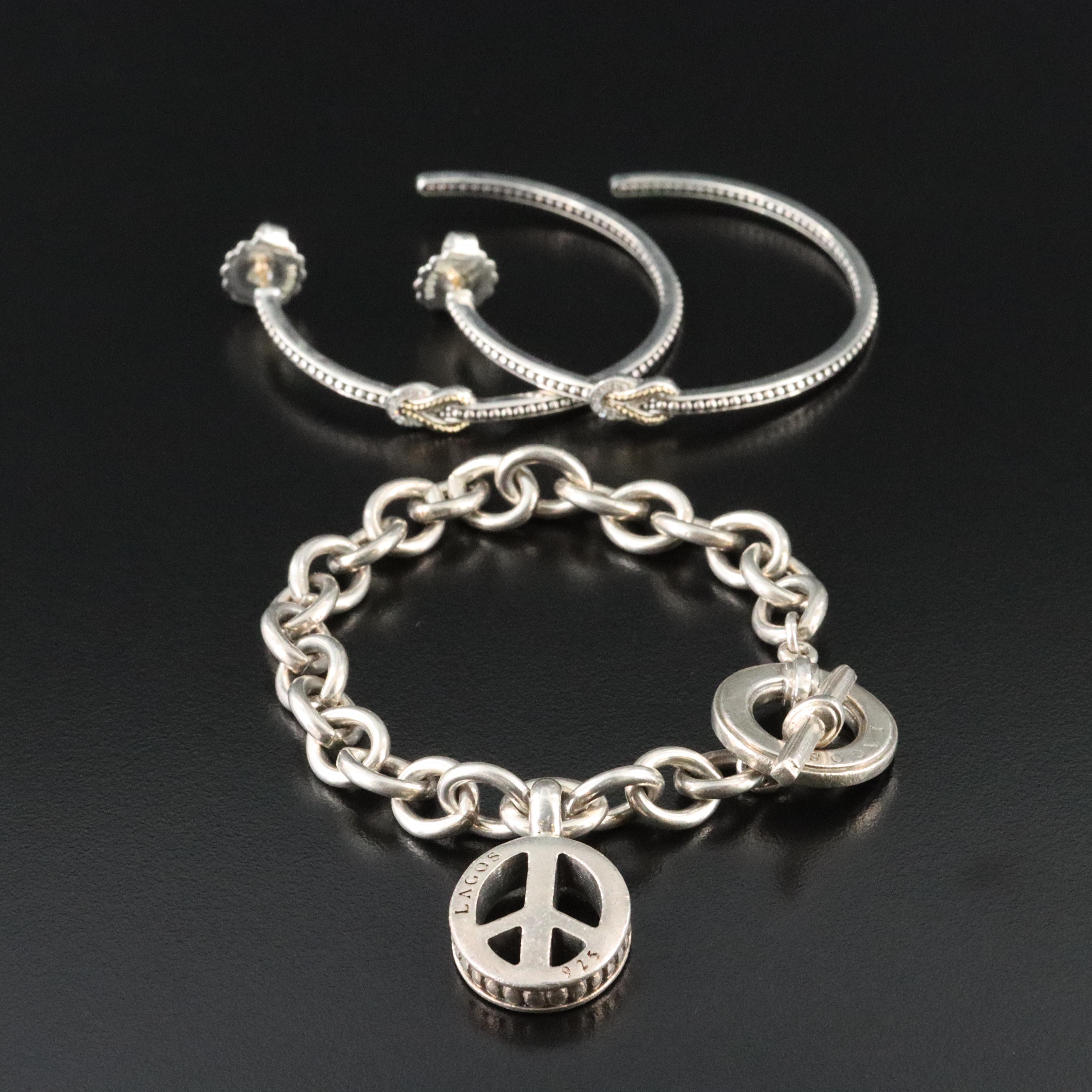 Lagos Newport Sterling 18K and Diamond Knot Hoops and Peace Sign Charm Bracelet