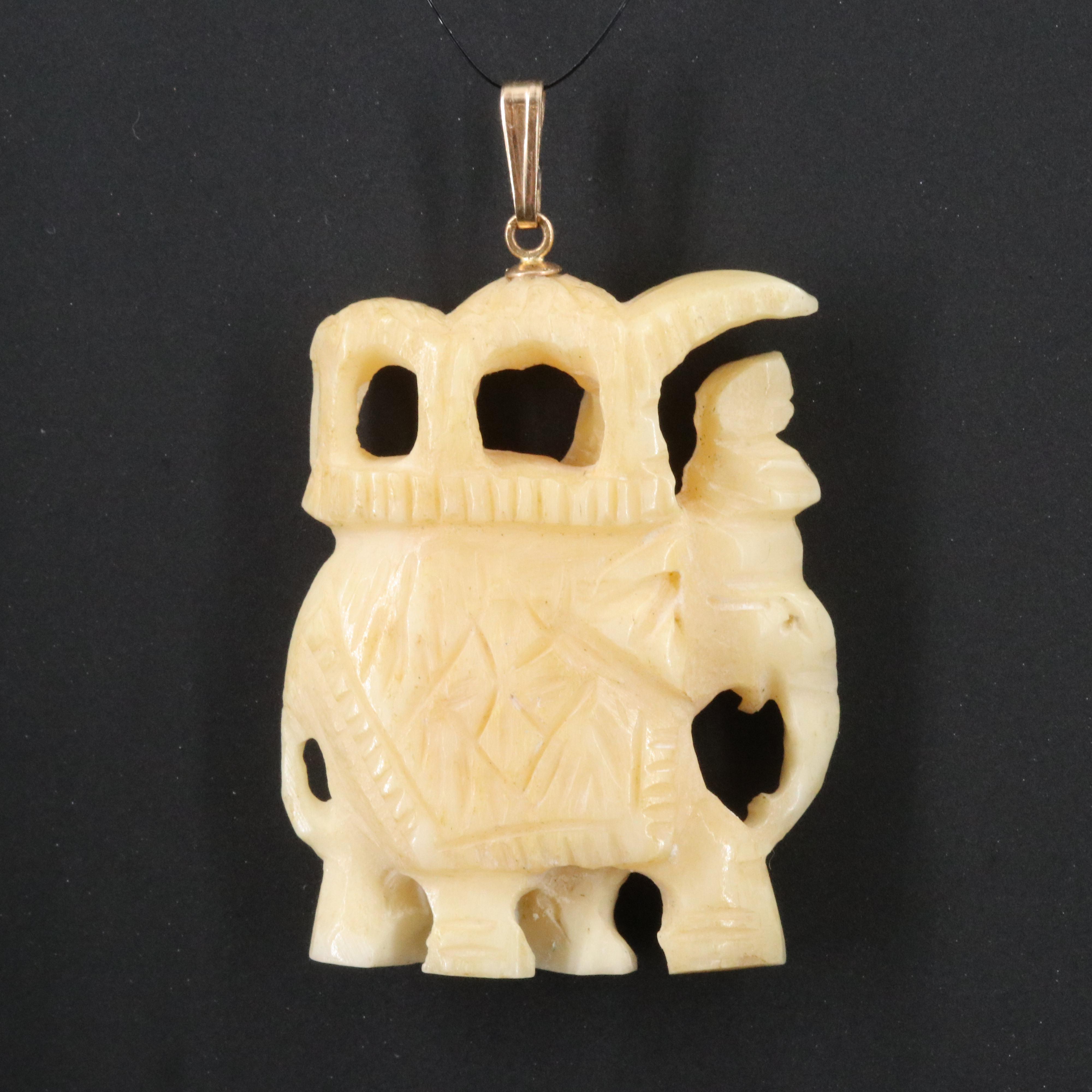 Bone Elephant Pendant with 14K Bail