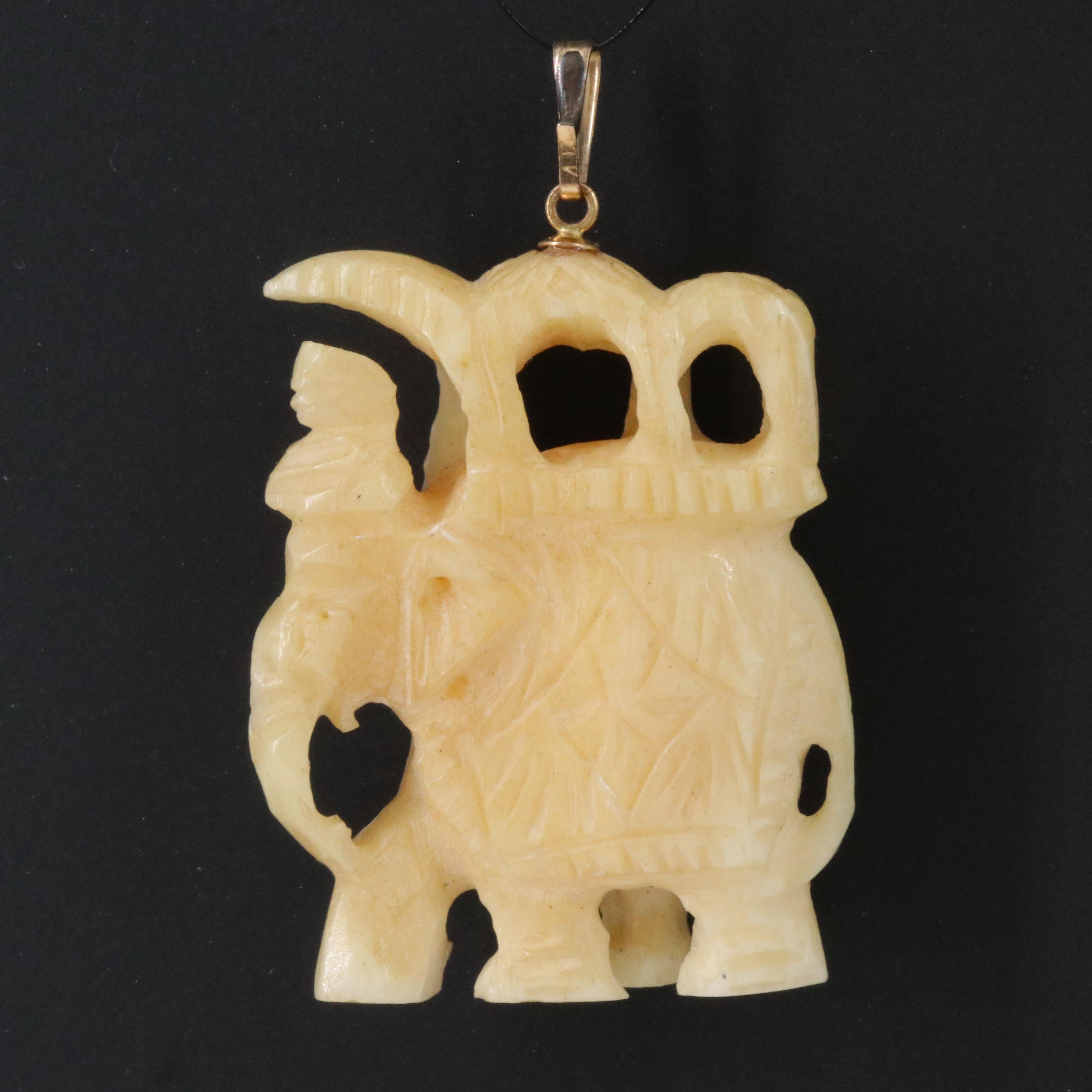 Bone Elephant Pendant with 14K Bail