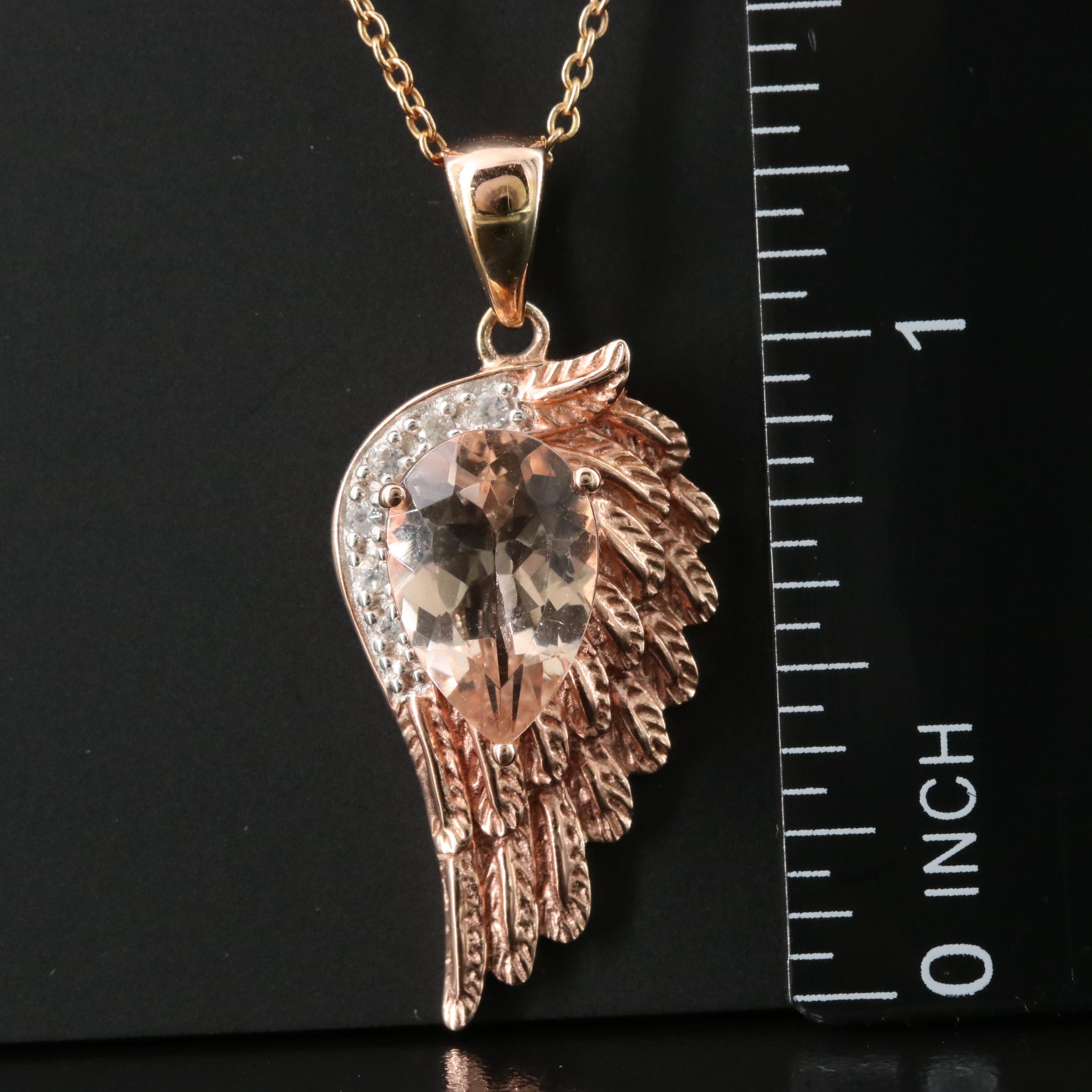 Sterling Rose Tone Morganite and White Topaz Wing Pendant Necklace