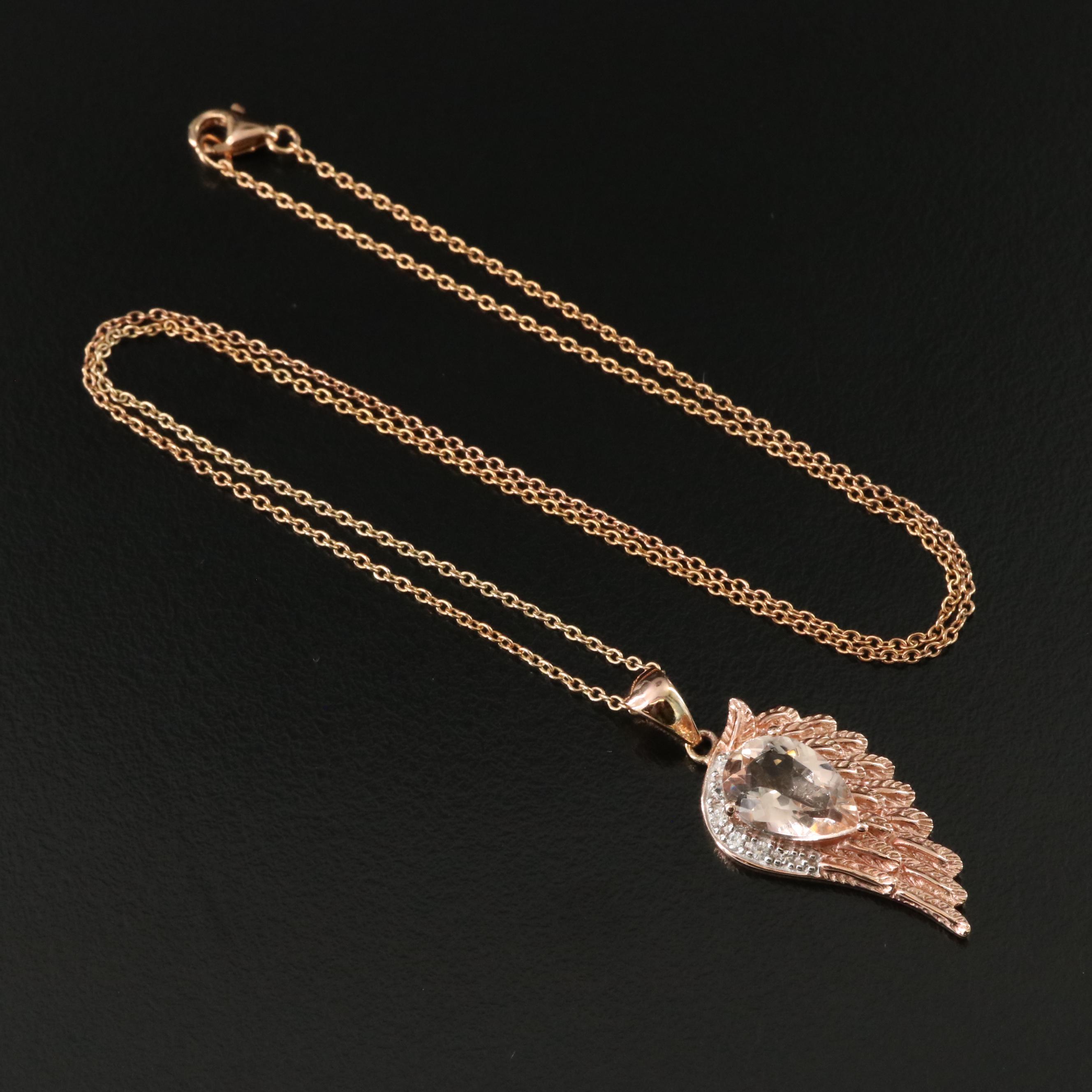 Sterling Rose Tone Morganite and White Topaz Wing Pendant Necklace