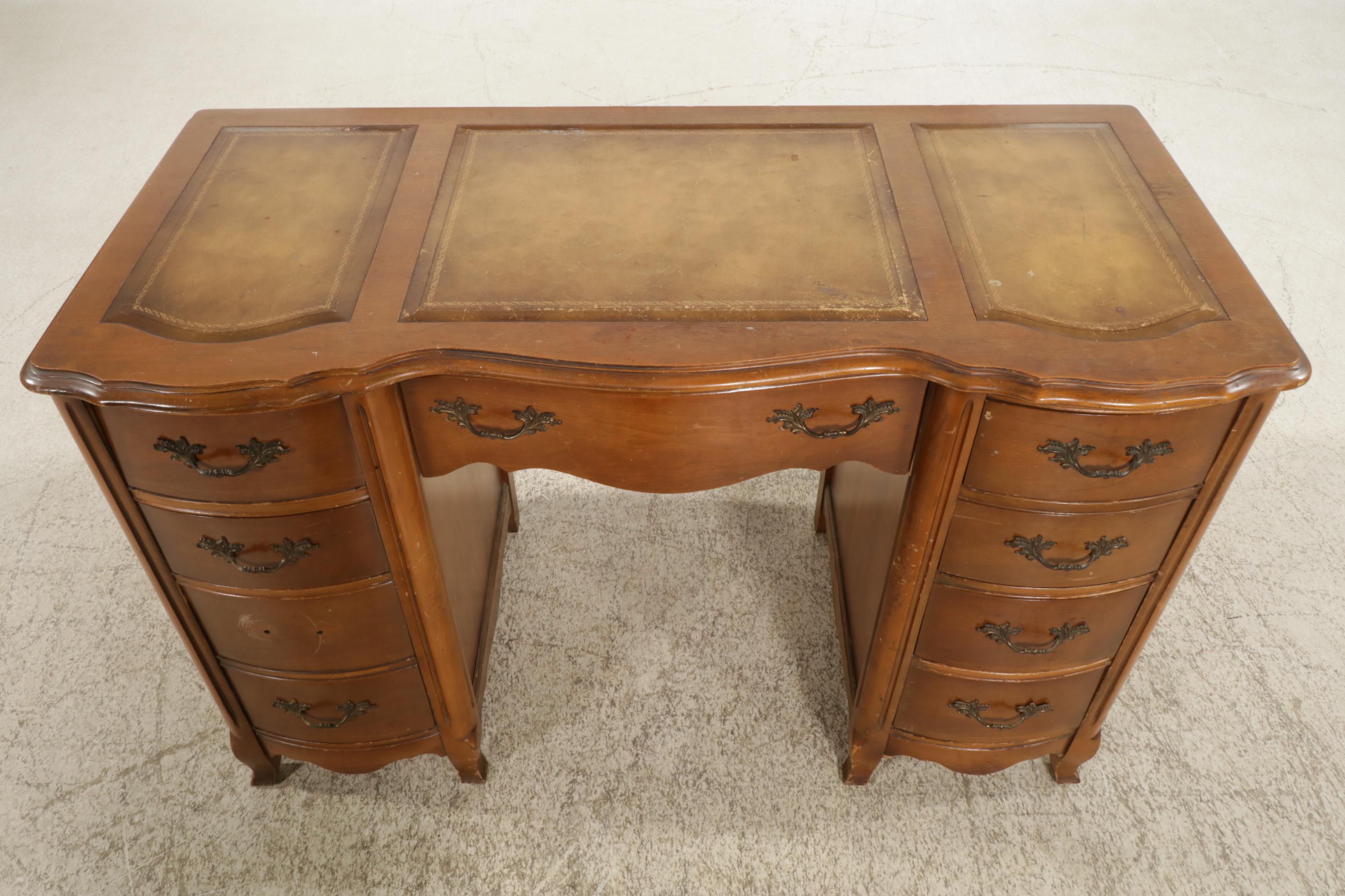 Bassett Furniture French Provincial Style Walnut Desk with Leather Inserts