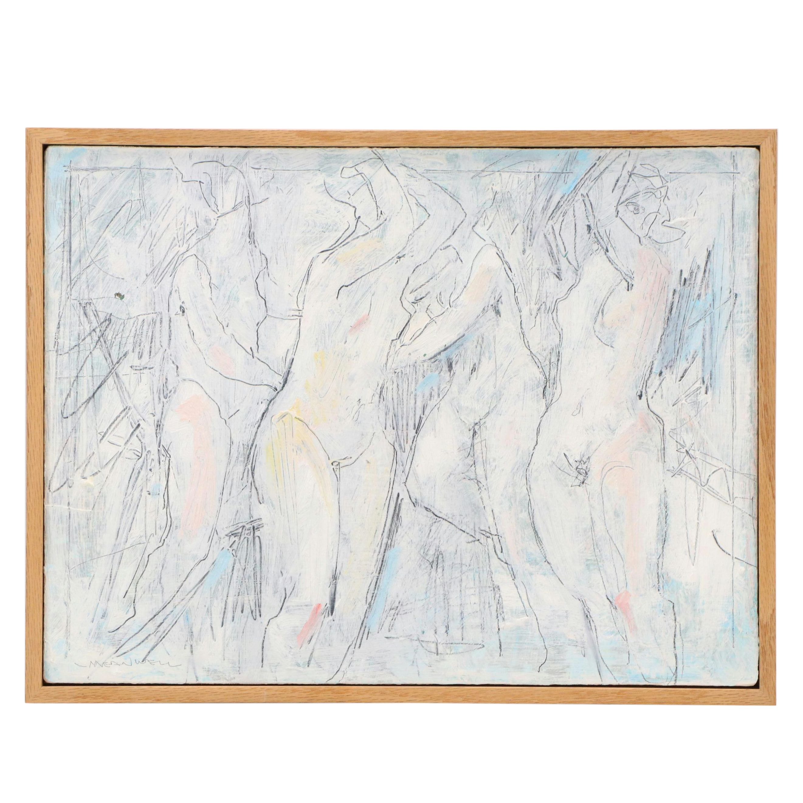Jack Meanwell Impasto Oil Painting of Three Female Nudes, 1977