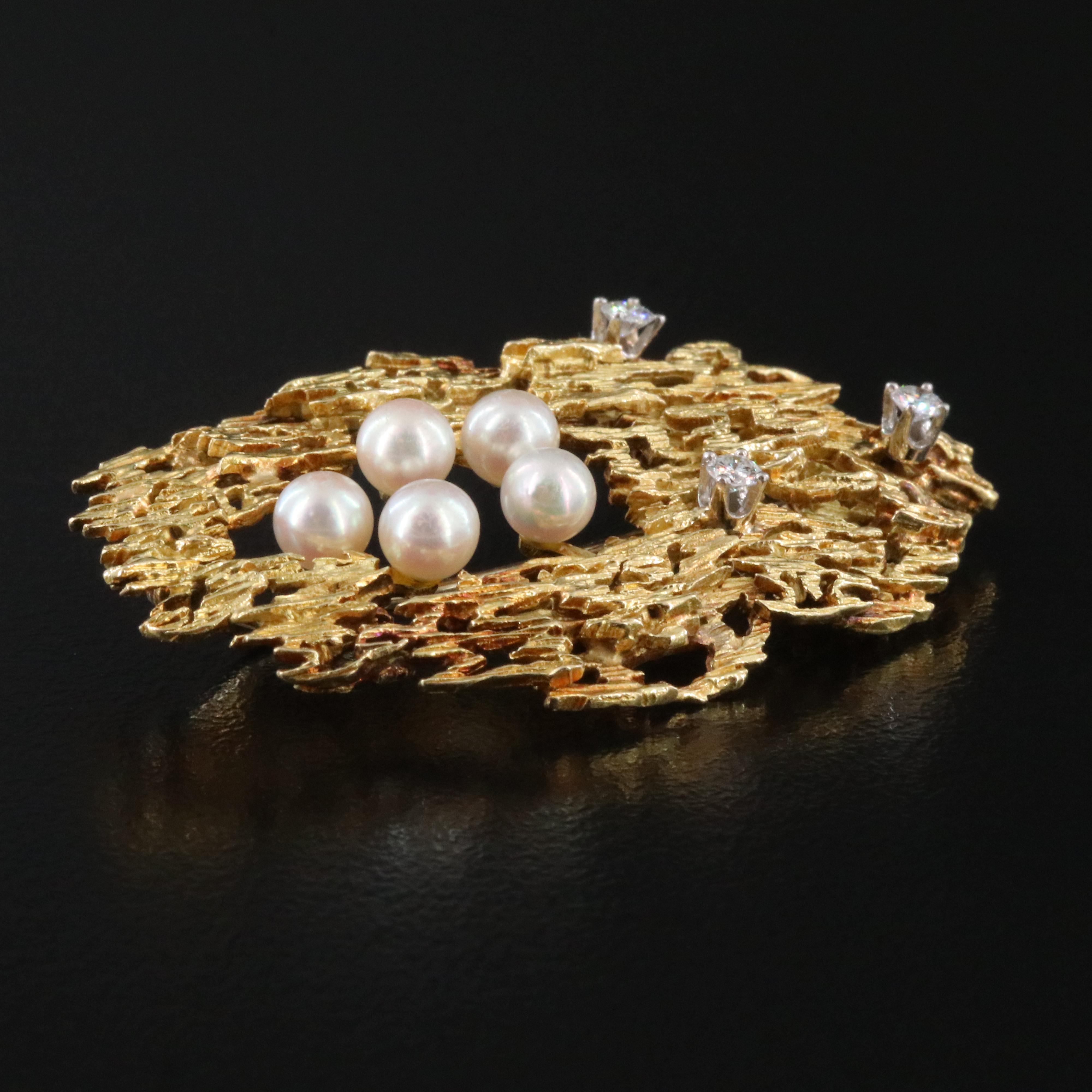Brutalist 18K Pearl and Diamond Brooch