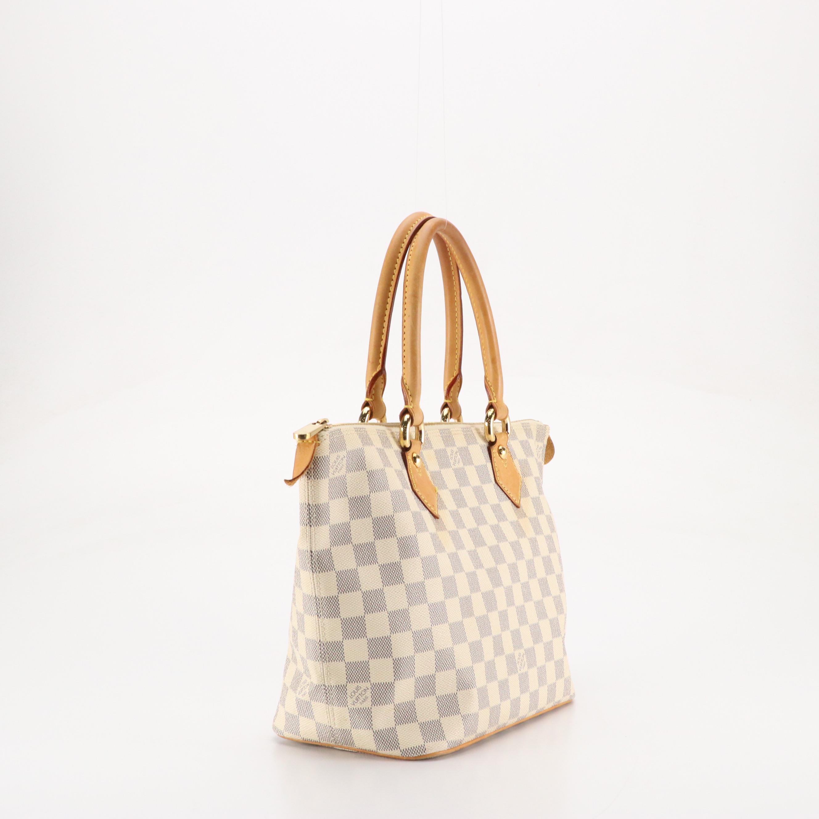 Louis Vuitton Saleya PM Shoulder Bag in Damier Azur Canvas and Brown Leather