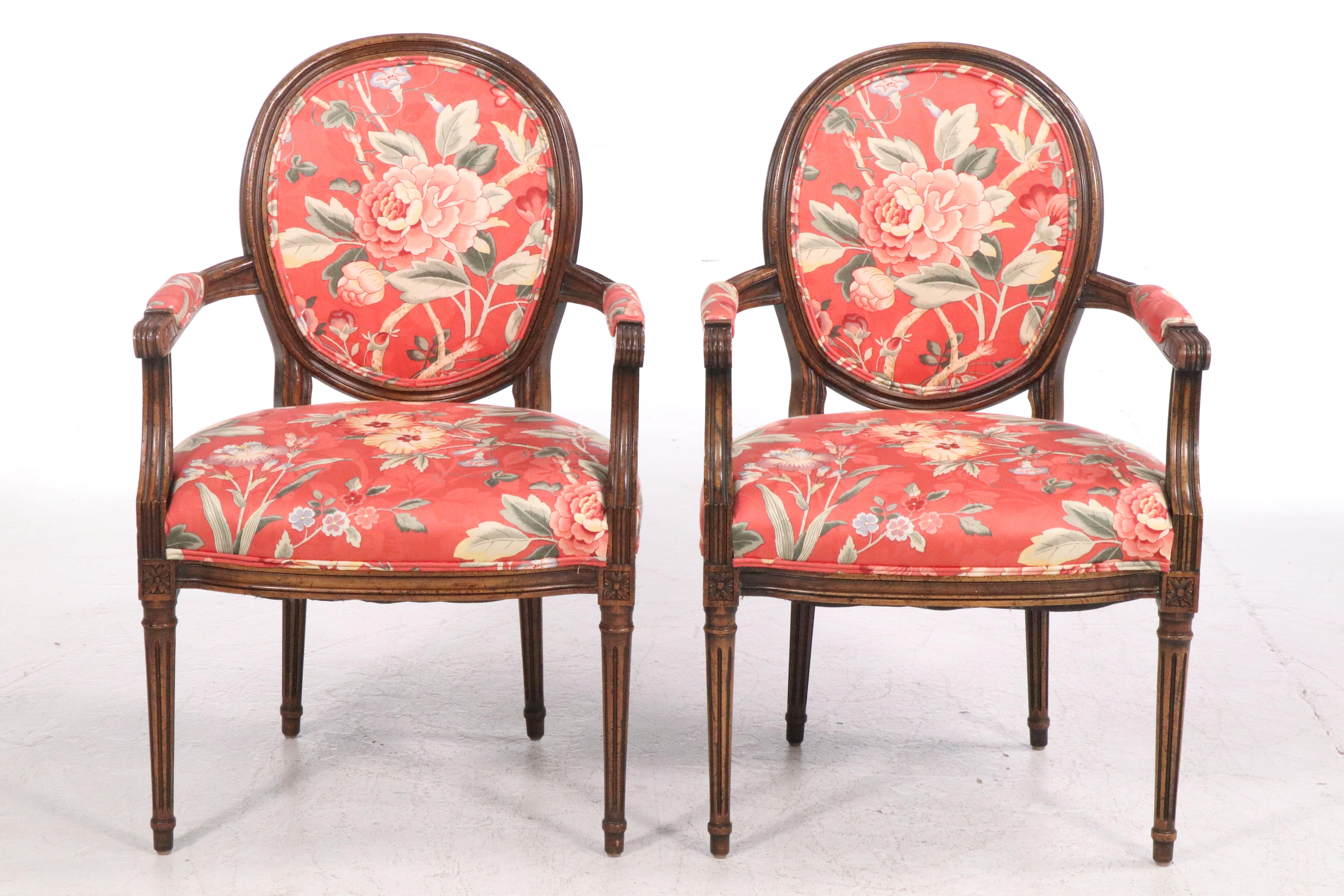 Pair of Louis XVI Style Floral Upholstered Armchairs with Accent Pillows