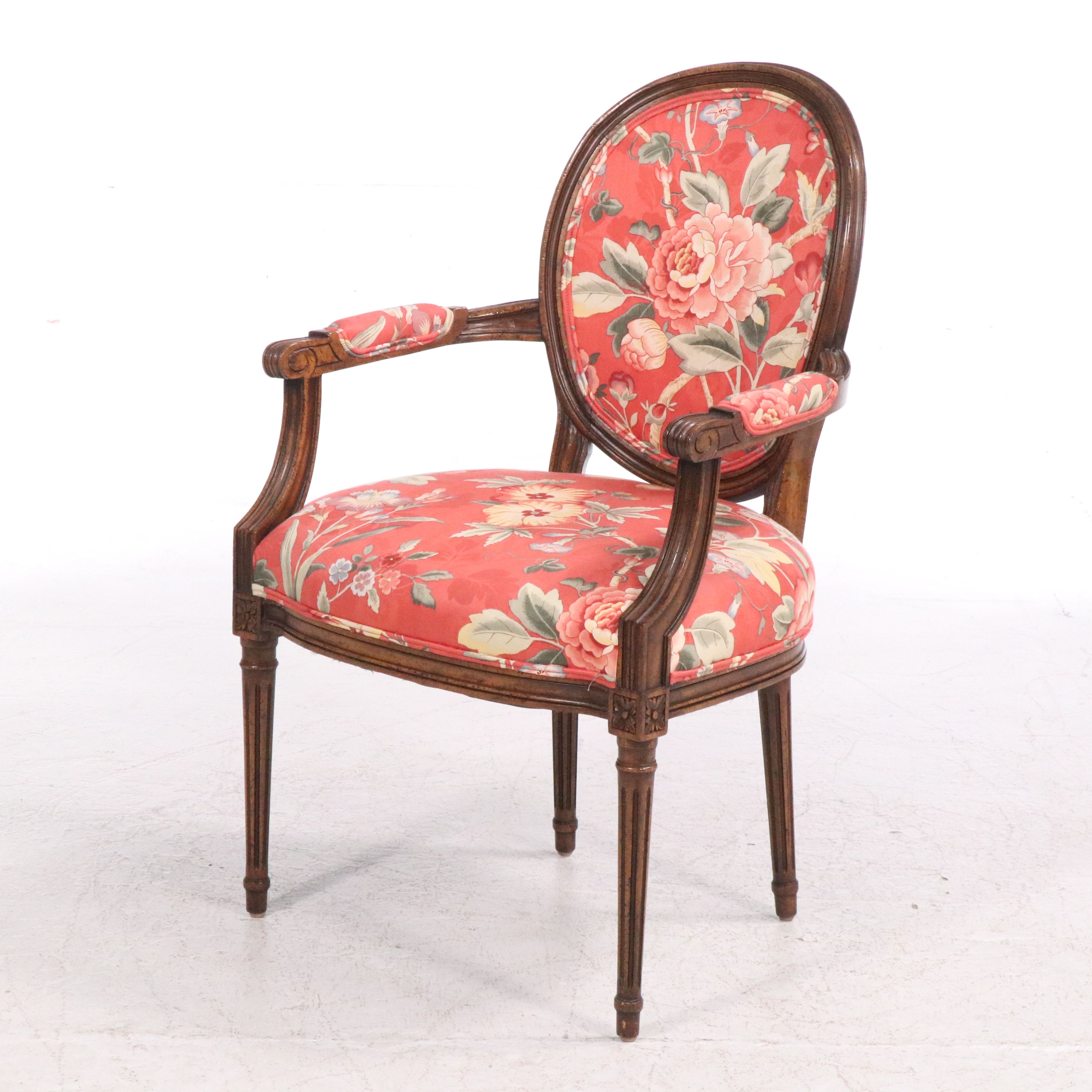 Pair of Louis XVI Style Floral Upholstered Armchairs with Accent Pillows