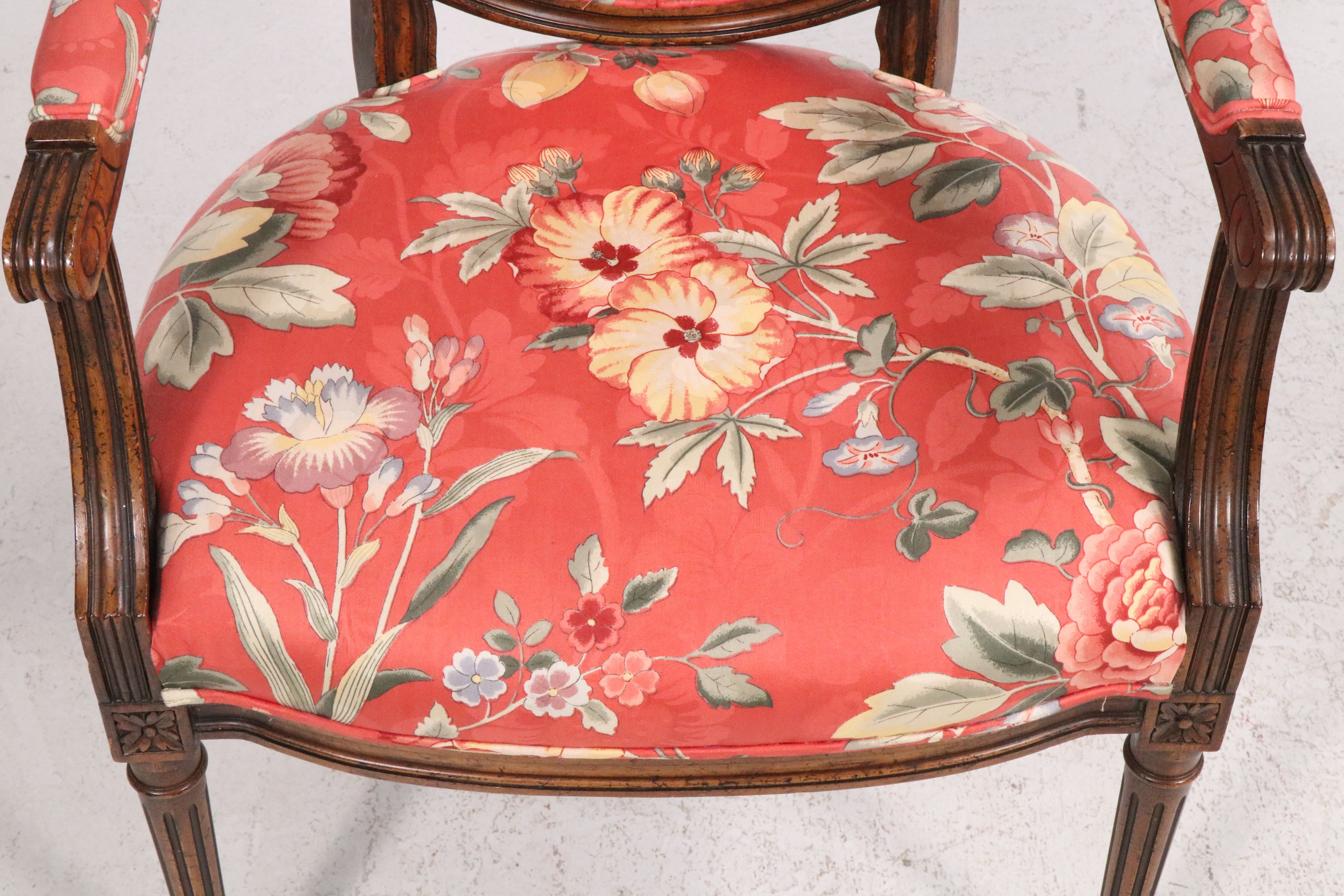 Pair of Louis XVI Style Floral Upholstered Armchairs with Accent Pillows