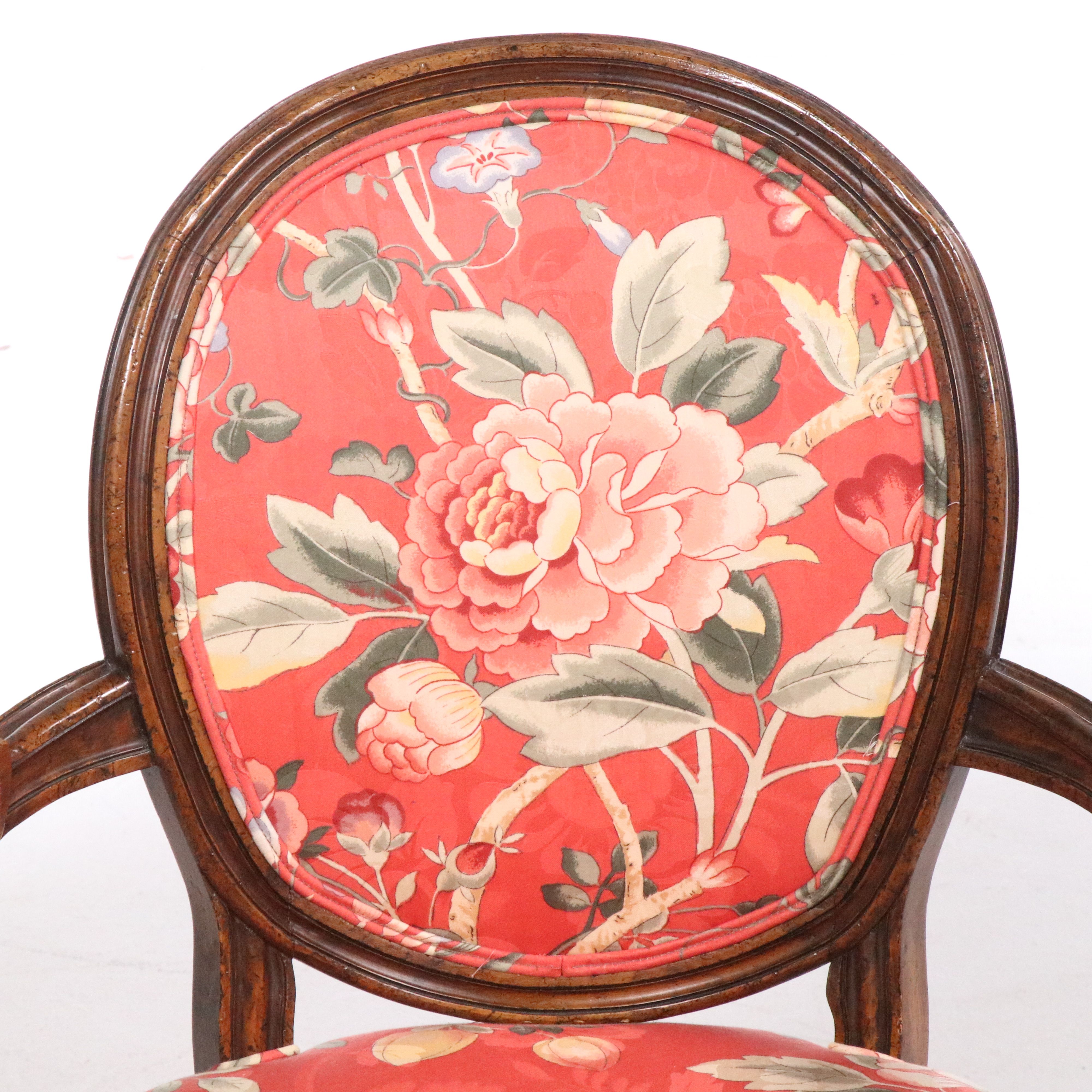 Pair of Louis XVI Style Floral Upholstered Armchairs with Accent Pillows