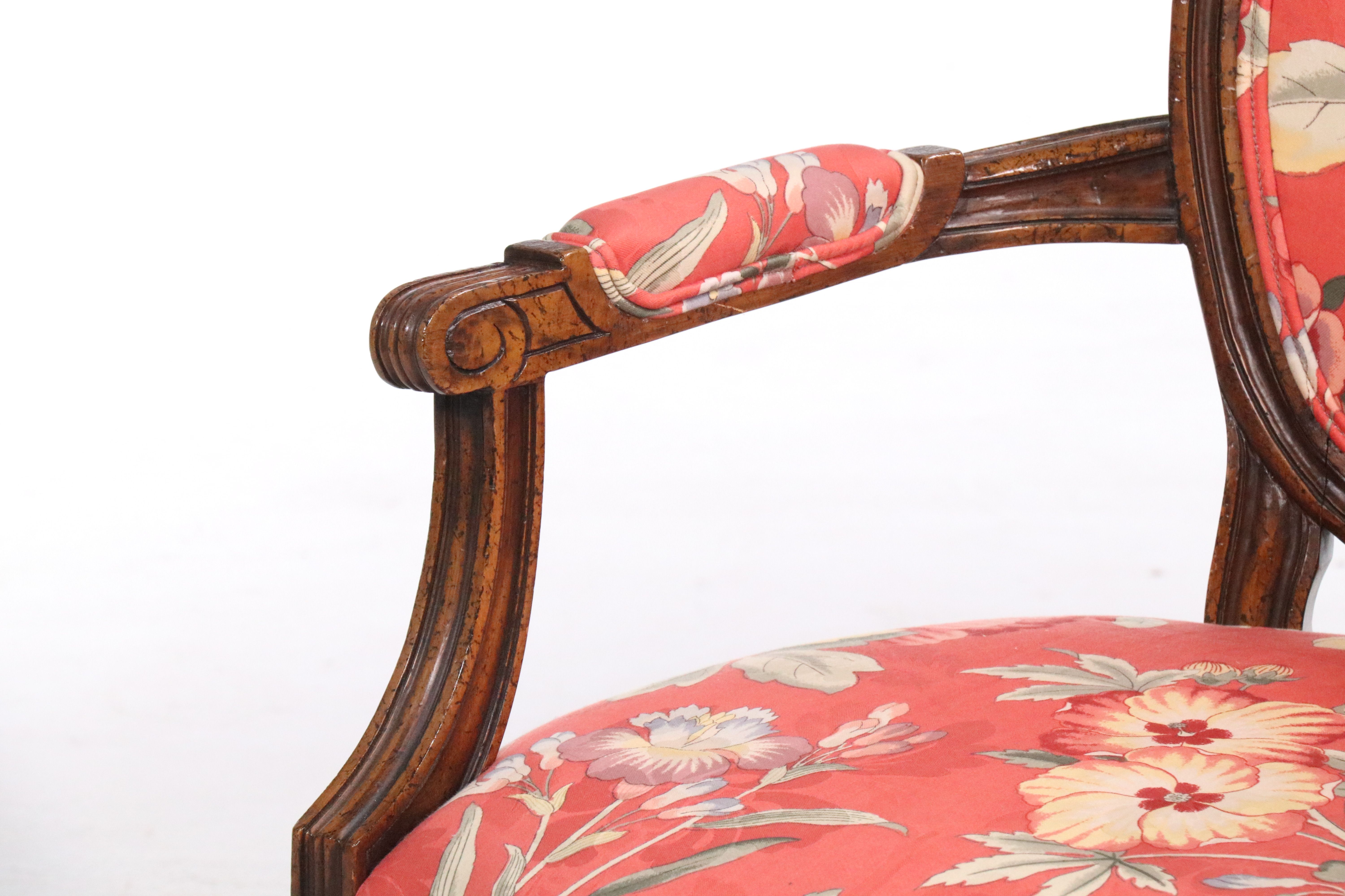 Pair of Louis XVI Style Floral Upholstered Armchairs with Accent Pillows