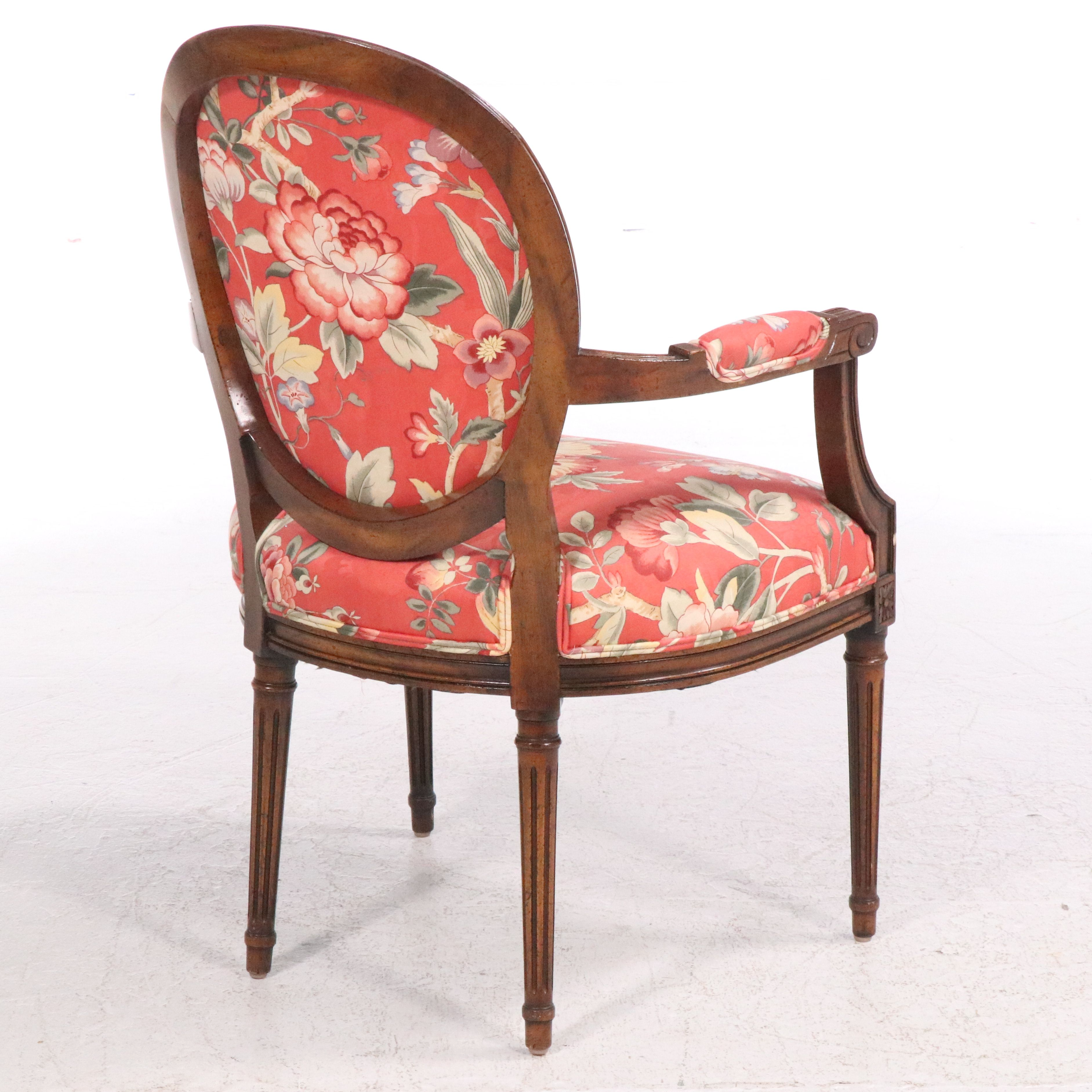 Pair of Louis XVI Style Floral Upholstered Armchairs with Accent Pillows