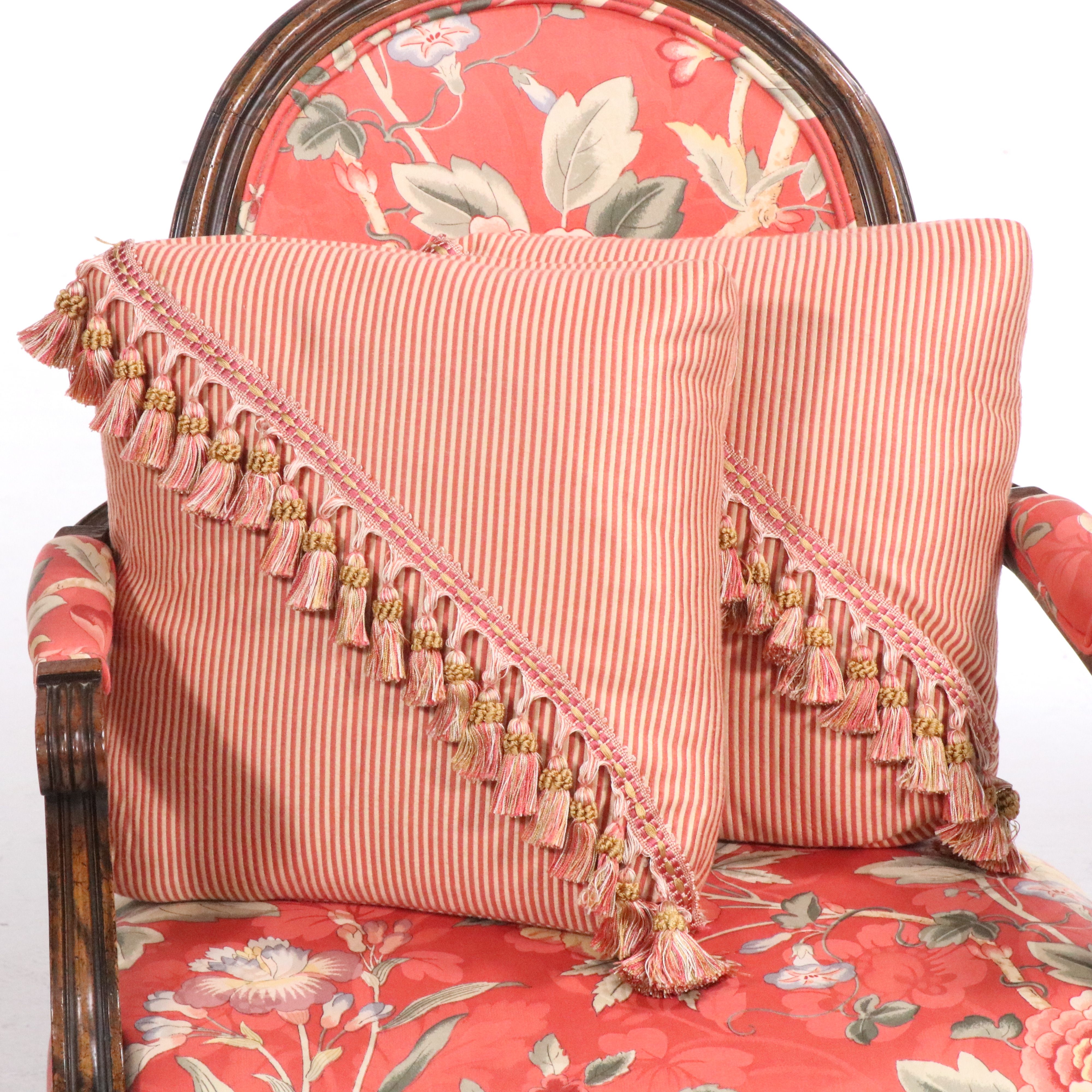 Pair of Louis XVI Style Floral Upholstered Armchairs with Accent Pillows