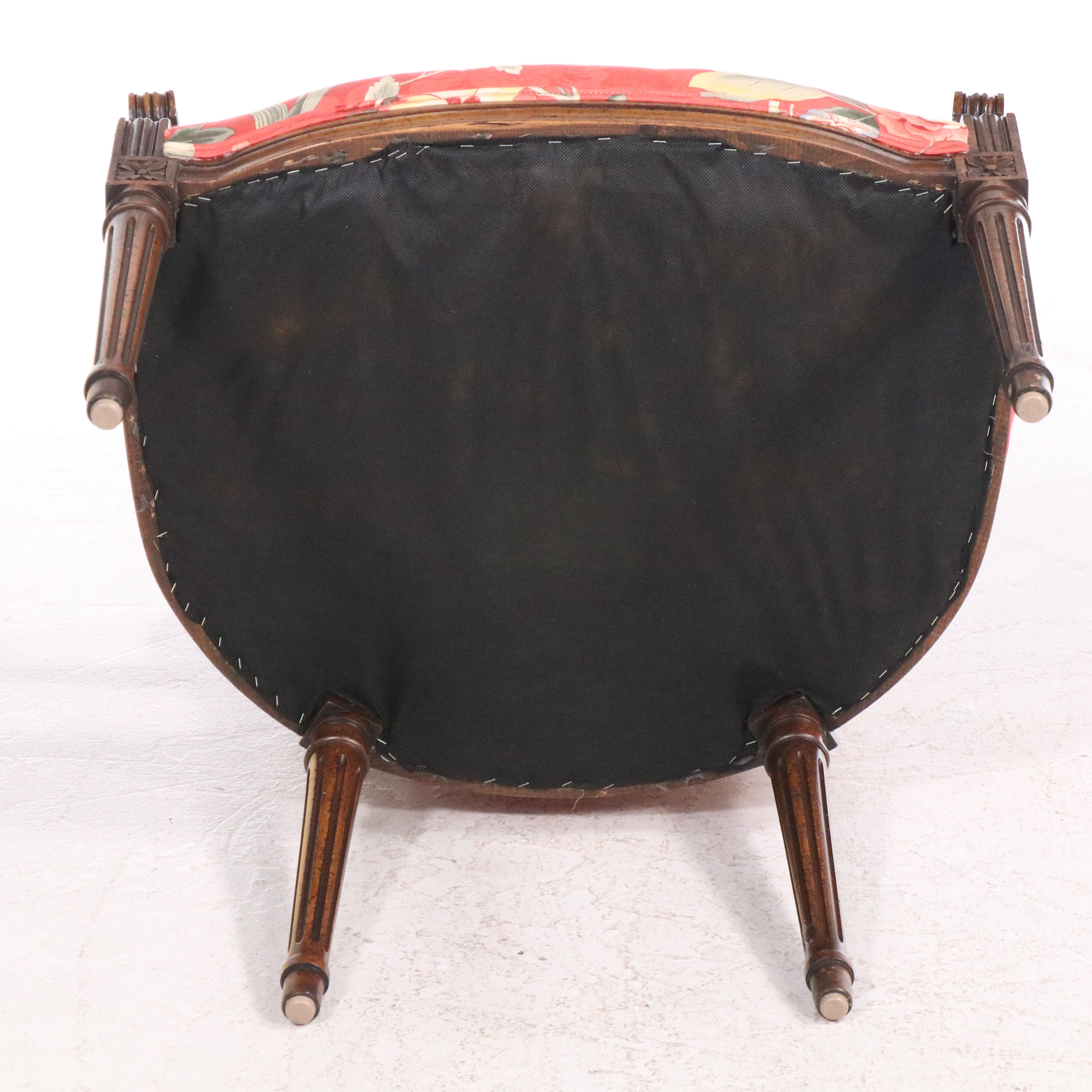 Pair of Louis XVI Style Floral Upholstered Armchairs with Accent Pillows