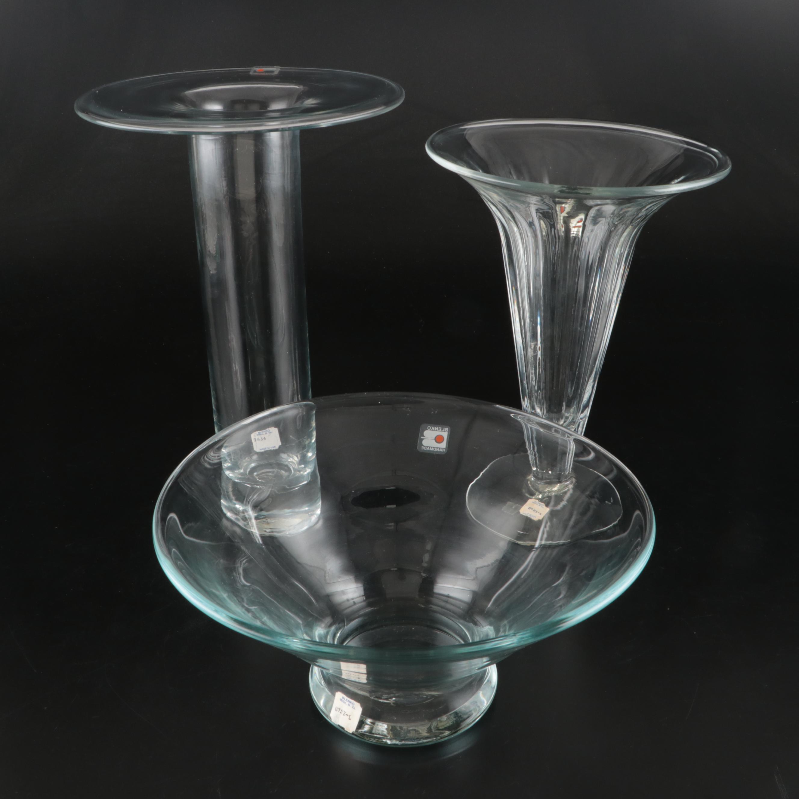 Blenko Footed Glass Bowl with Other Trumpet and Disc Top Vases