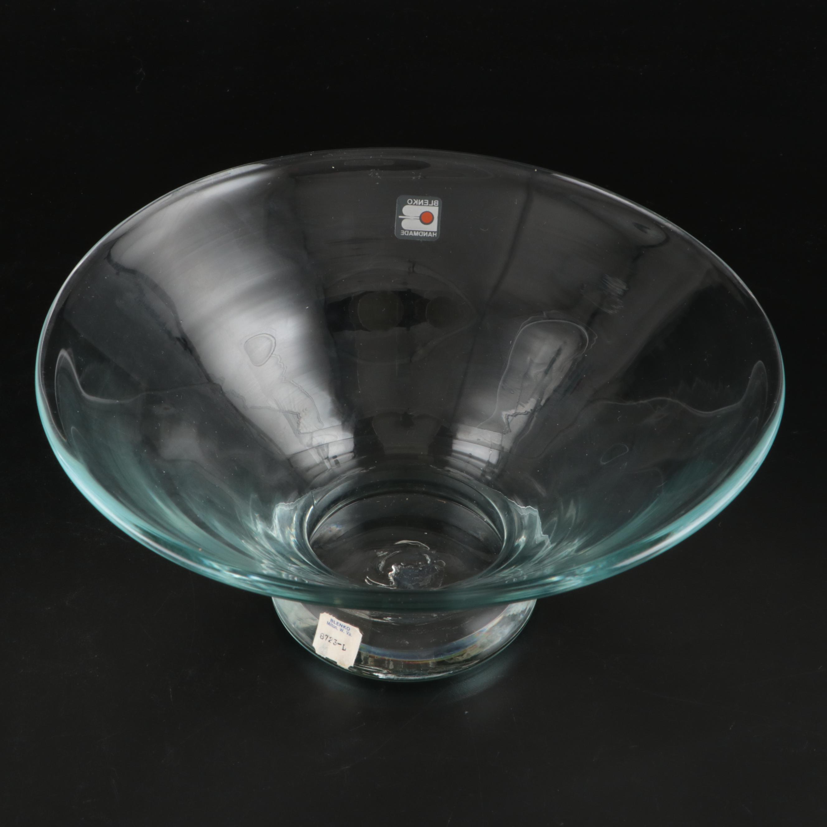 Blenko Footed Glass Bowl with Other Trumpet and Disc Top Vases