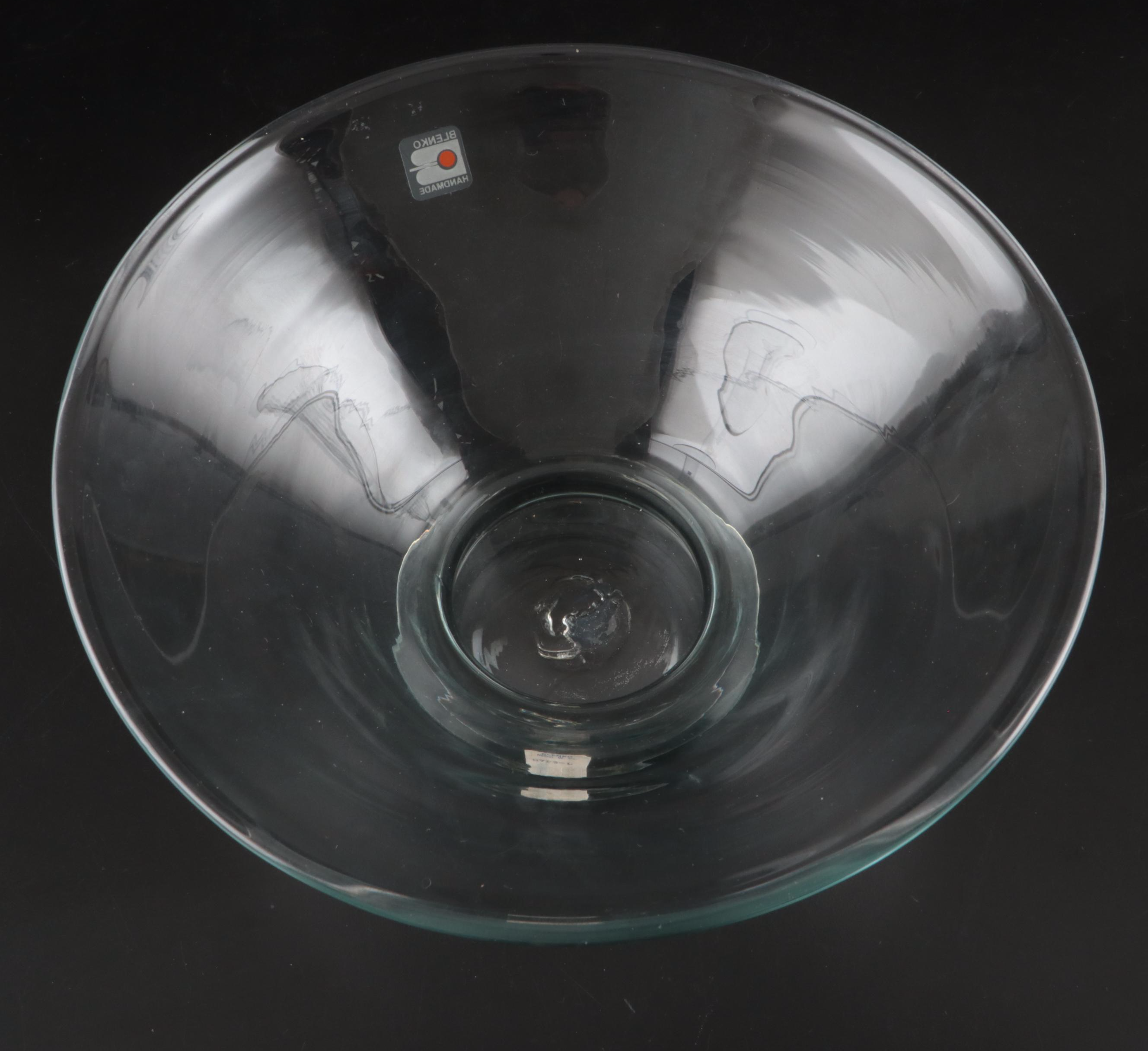 Blenko Footed Glass Bowl with Other Trumpet and Disc Top Vases