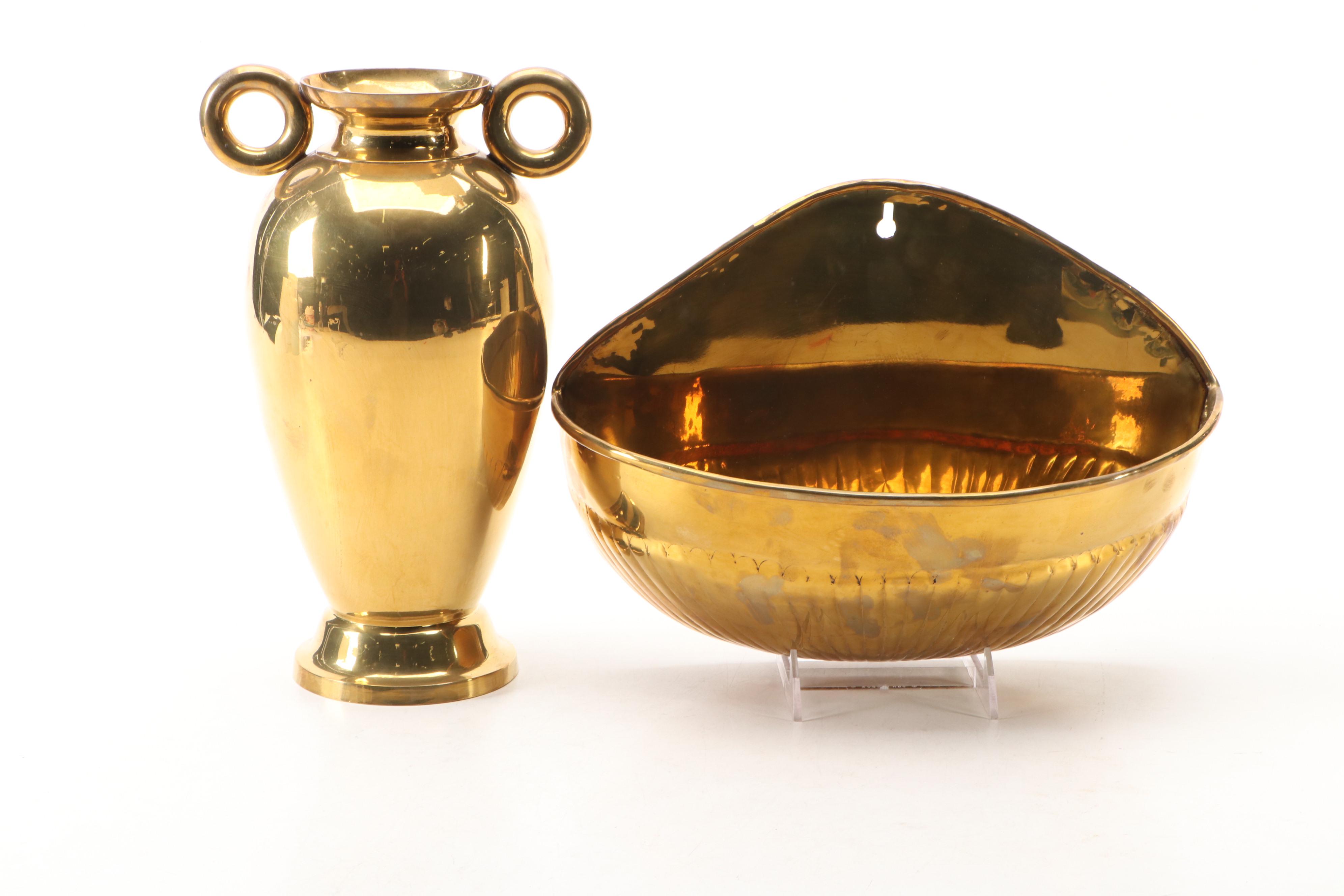 Indian Brass Amphora Vase and Wall Planters