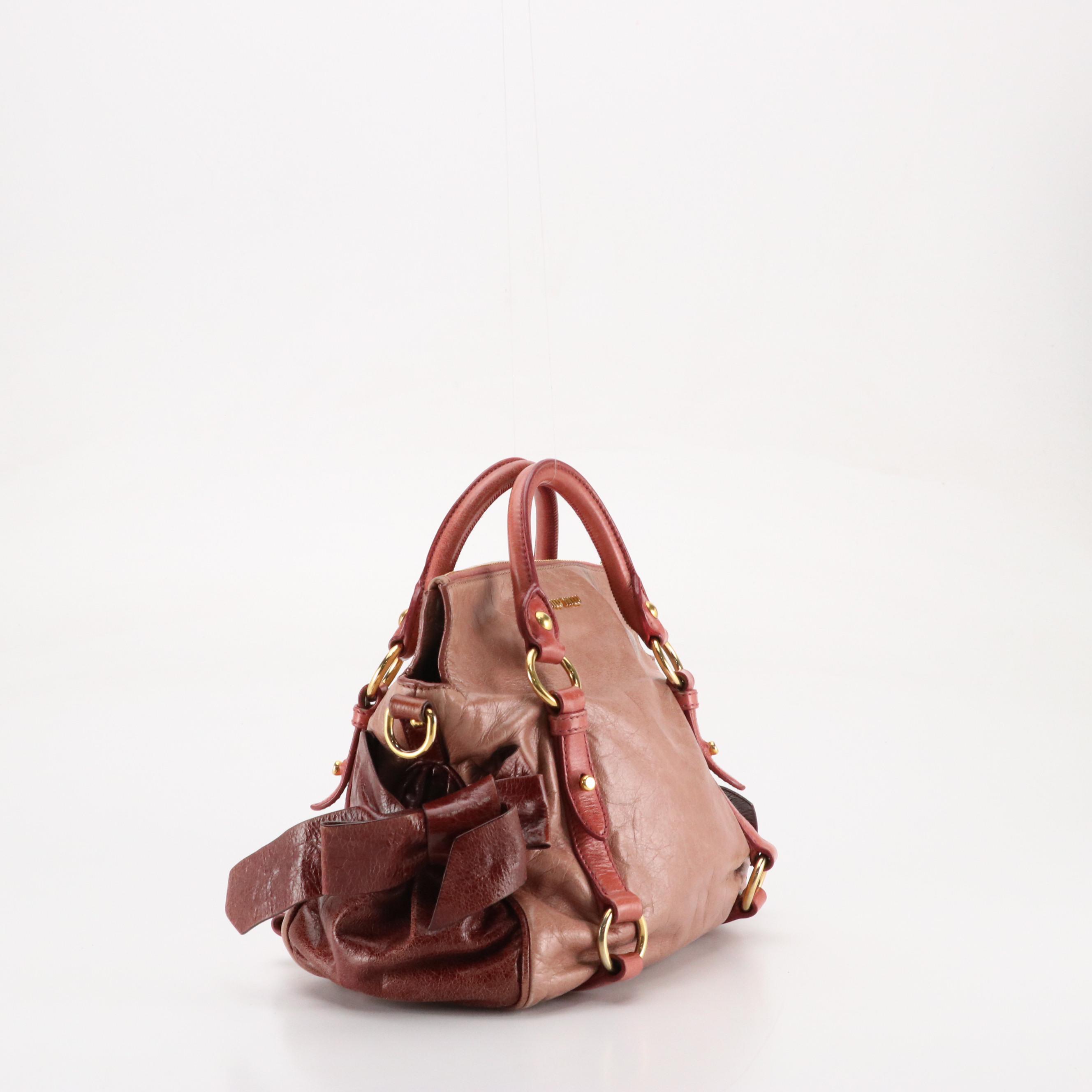 Miu Miu Fold-Over Bow Accent Two-Way Satchel in Tricolor Vitello Lux Leather