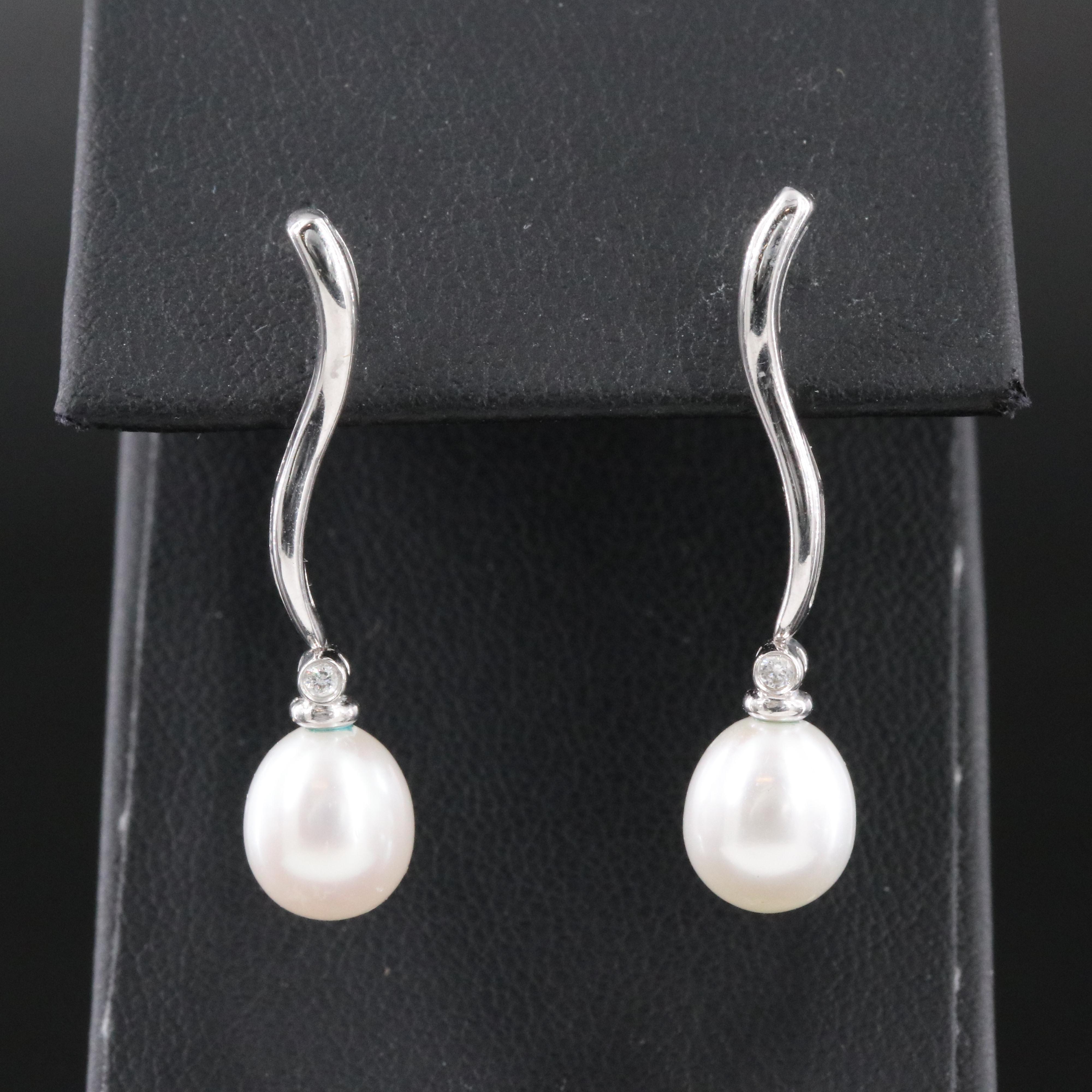 14K Pearl and Diamond Wave Drop Earrings