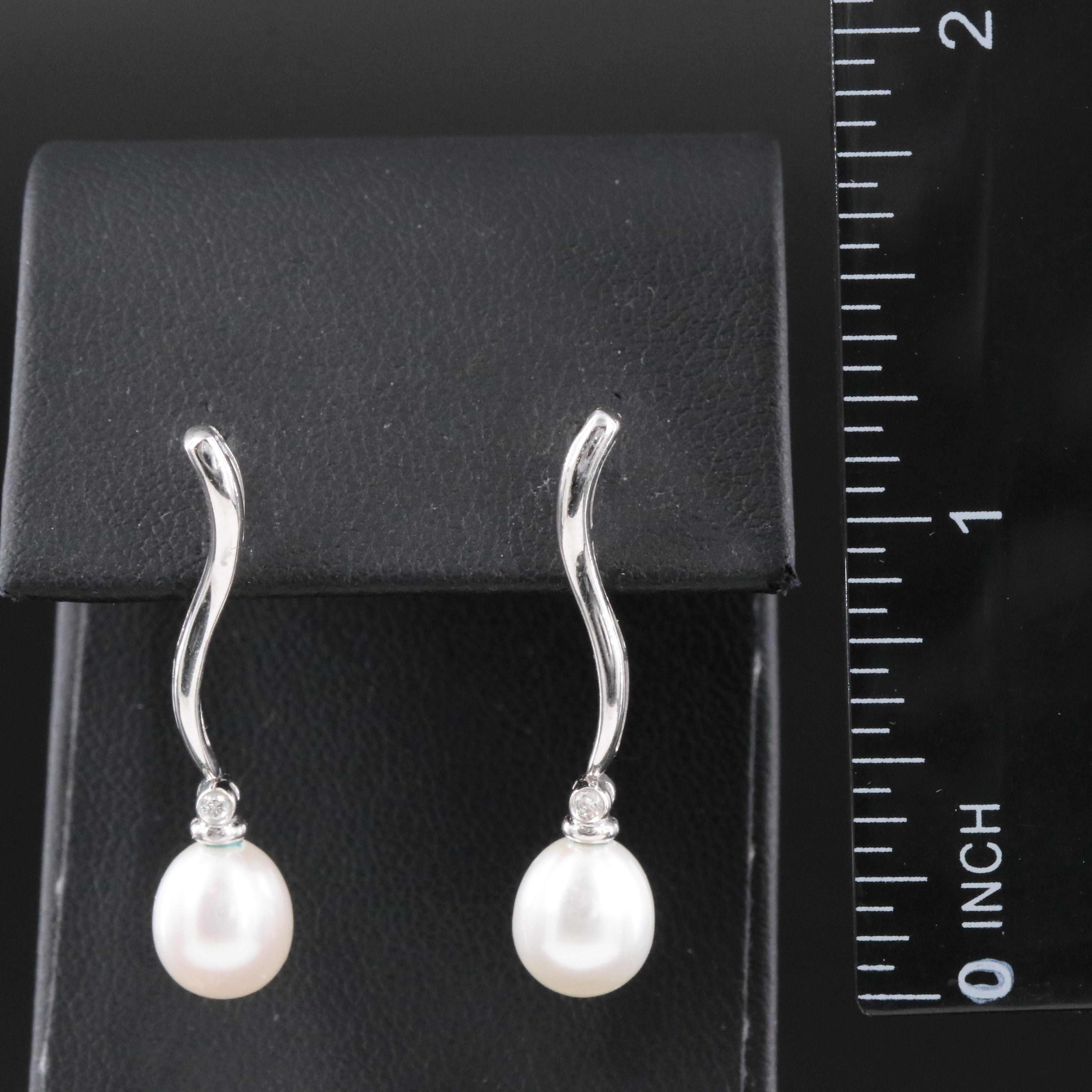 14K Pearl and Diamond Wave Drop Earrings