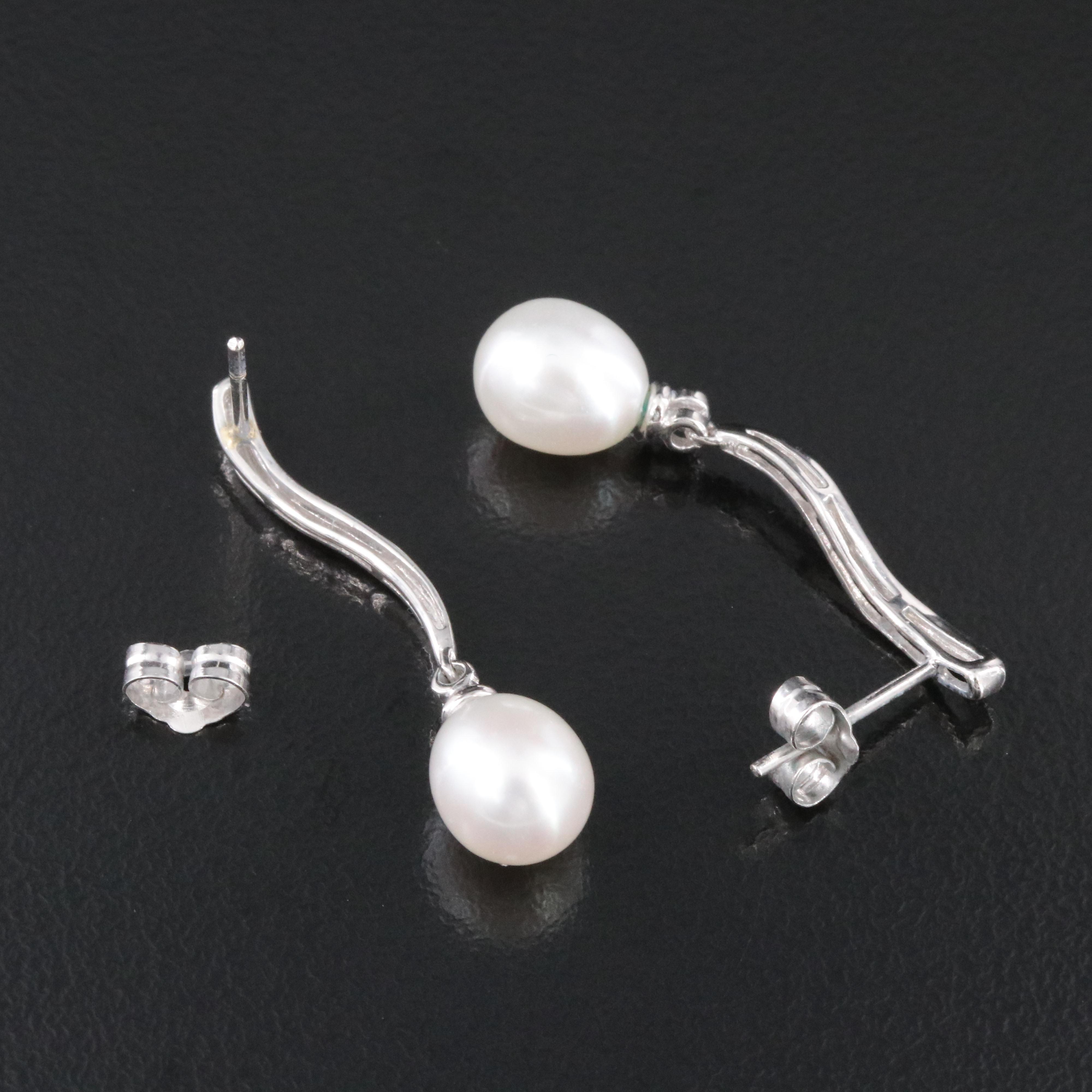 14K Pearl and Diamond Wave Drop Earrings