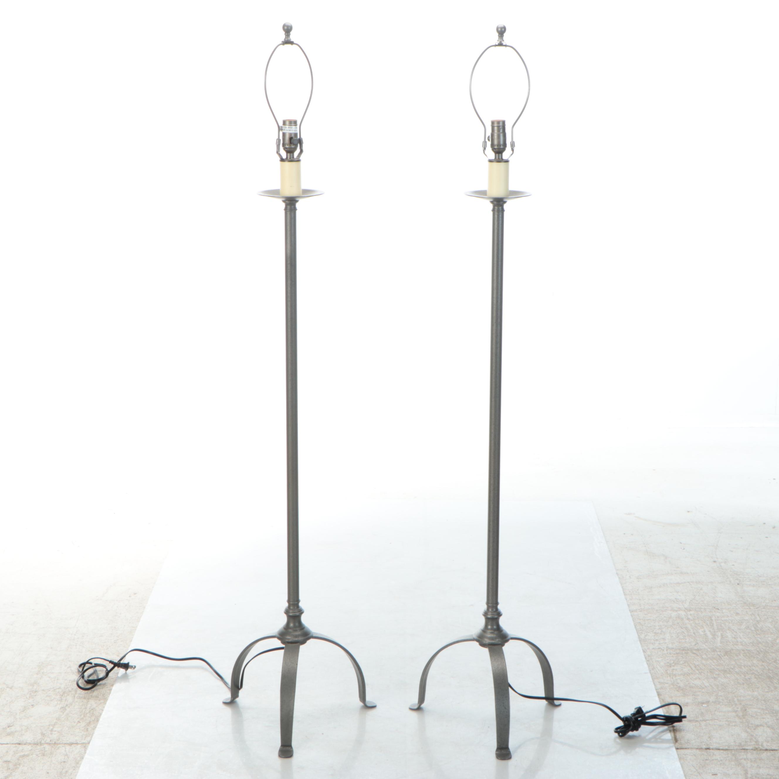 Colonial Style Hubbardton Forge Dark Pewter Finish Floor Lamps, Cotton Shades