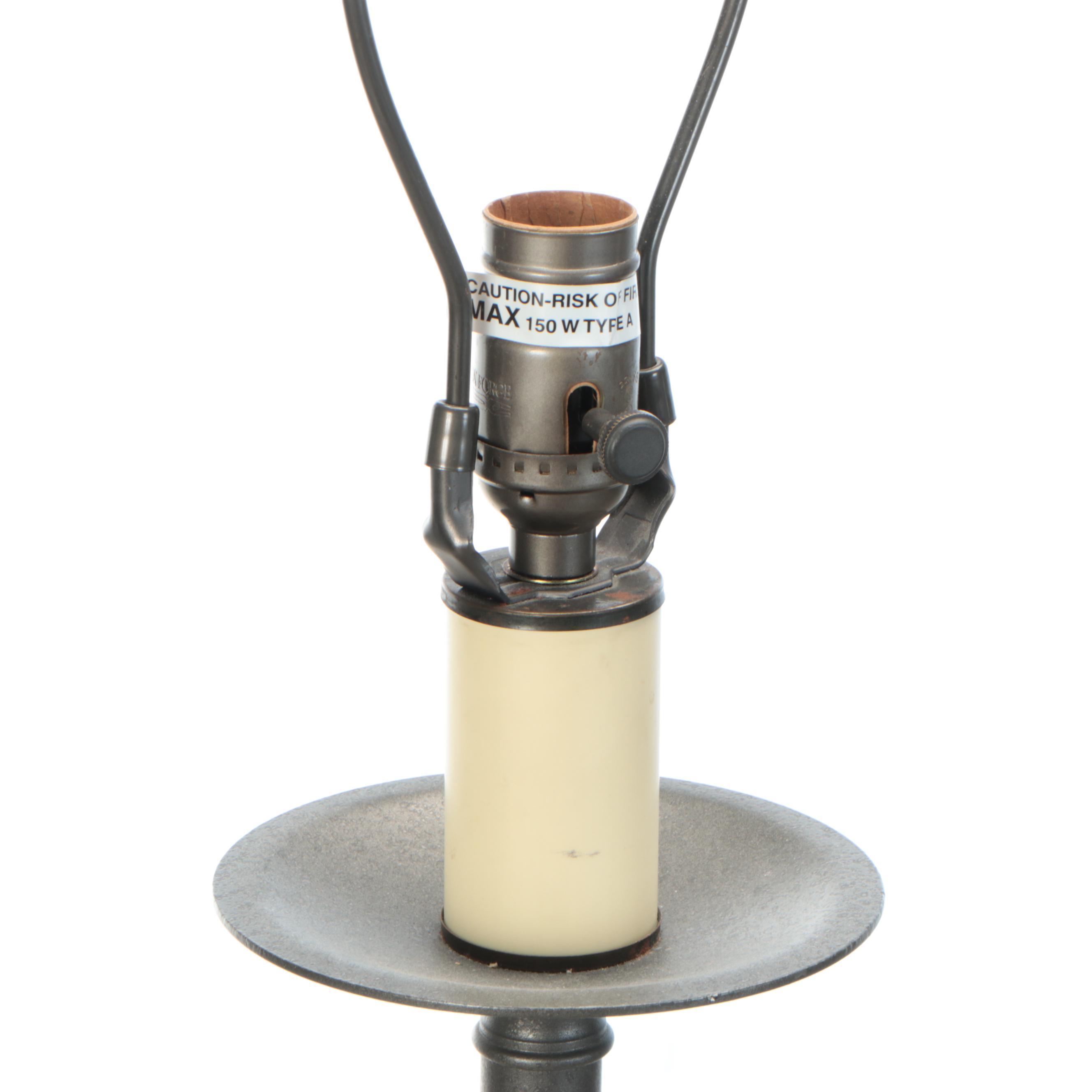 Colonial Style Hubbardton Forge Dark Pewter Finish Floor Lamps, Cotton Shades