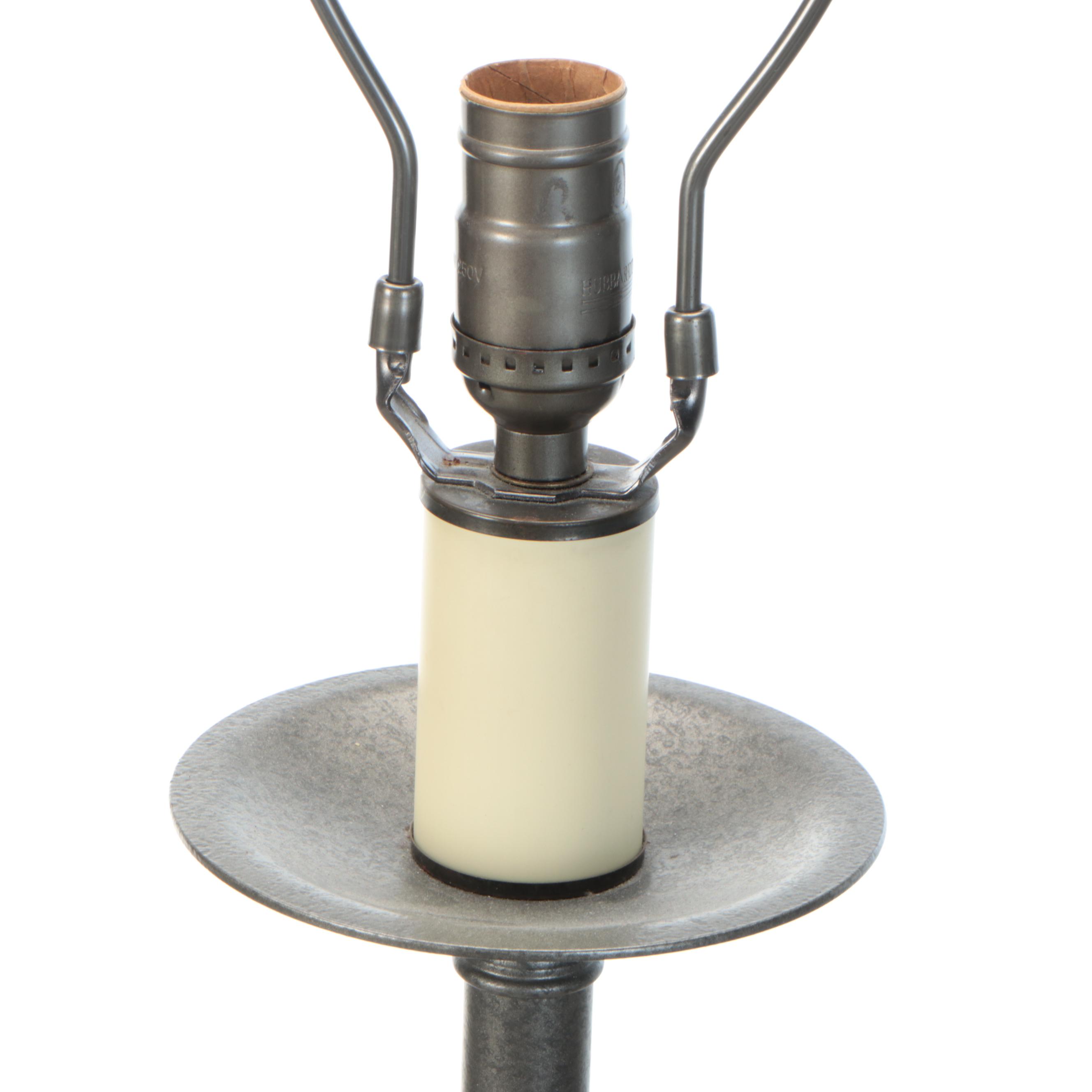 Colonial Style Hubbardton Forge Dark Pewter Finish Floor Lamps, Cotton Shades