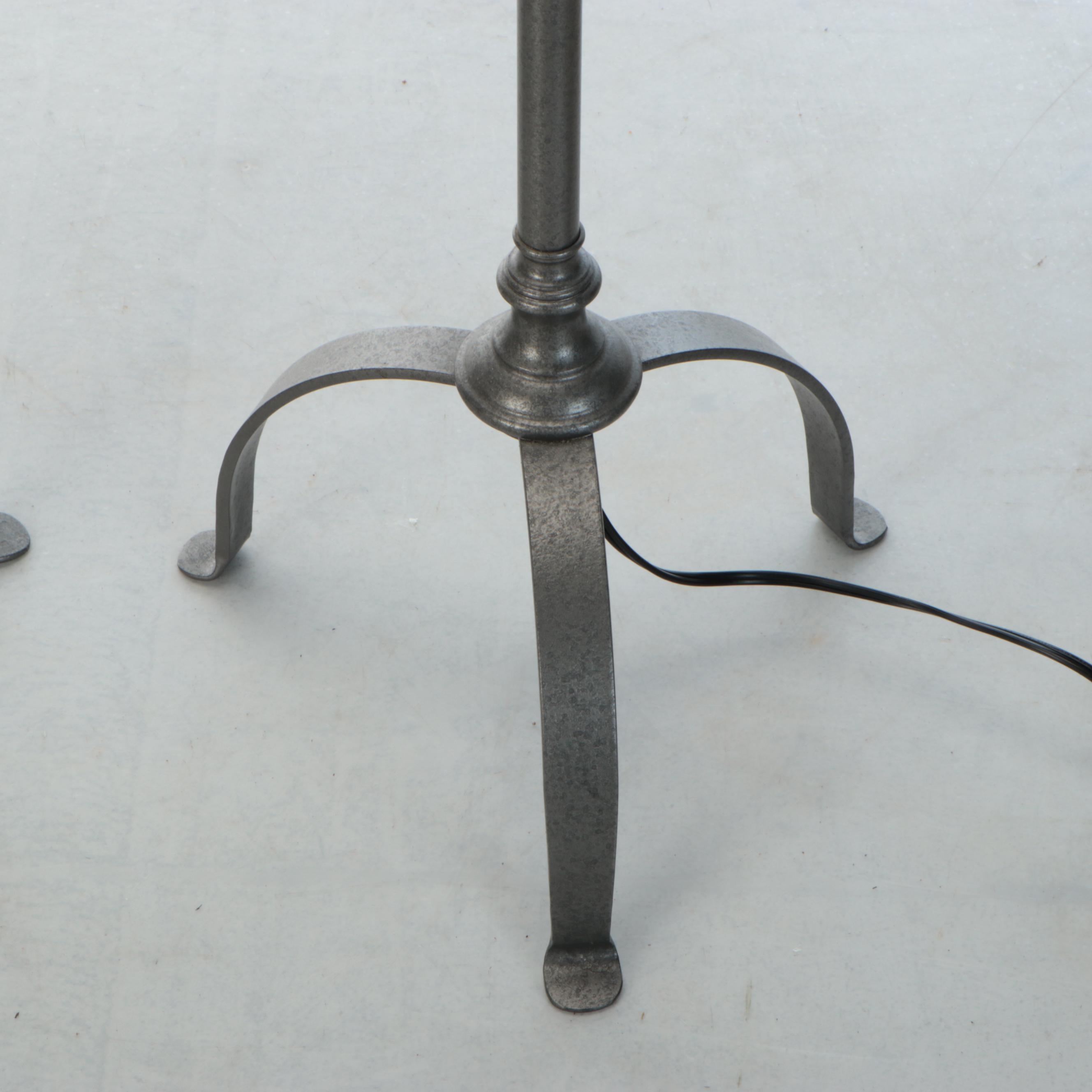 Colonial Style Hubbardton Forge Dark Pewter Finish Floor Lamps, Cotton Shades