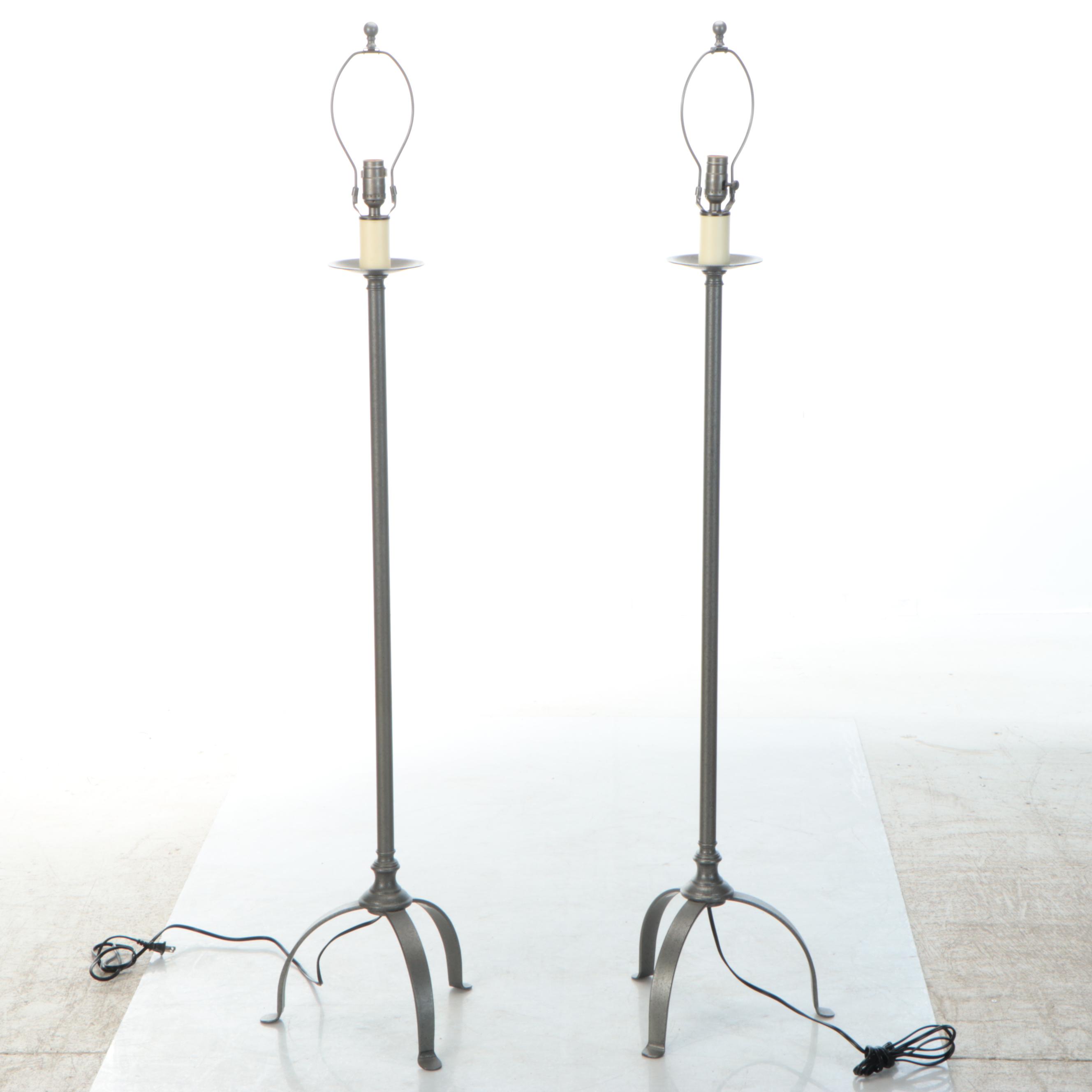 Colonial Style Hubbardton Forge Dark Pewter Finish Floor Lamps, Cotton Shades