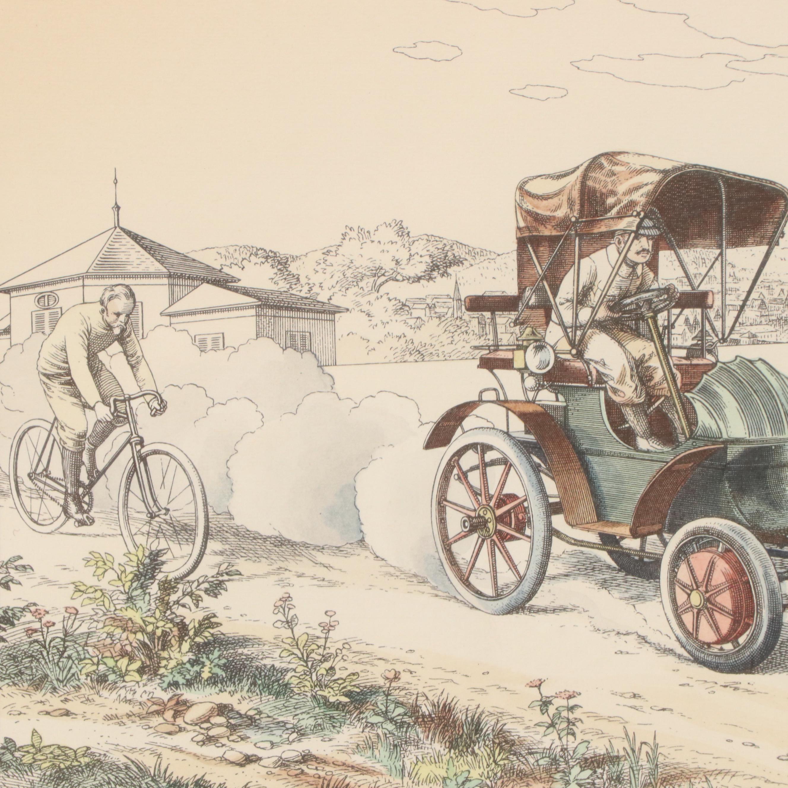 Hand-Colored Lithograph of 1900 Lohner-Porsche Hybrid