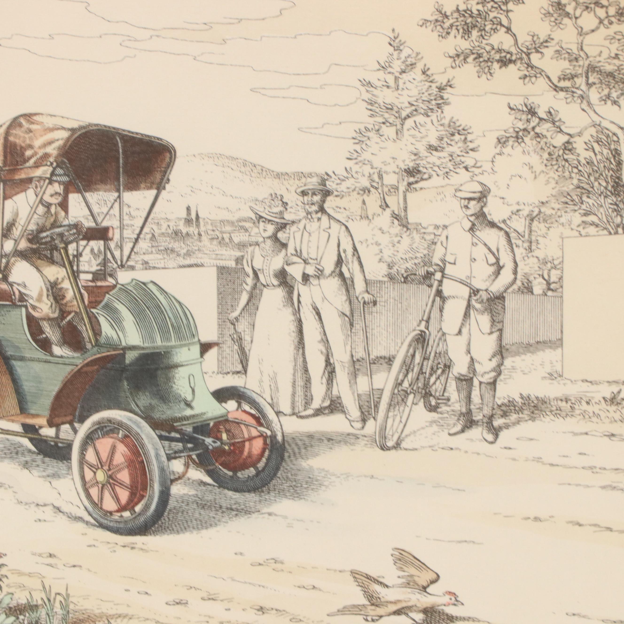 Hand-Colored Lithograph of 1900 Lohner-Porsche Hybrid