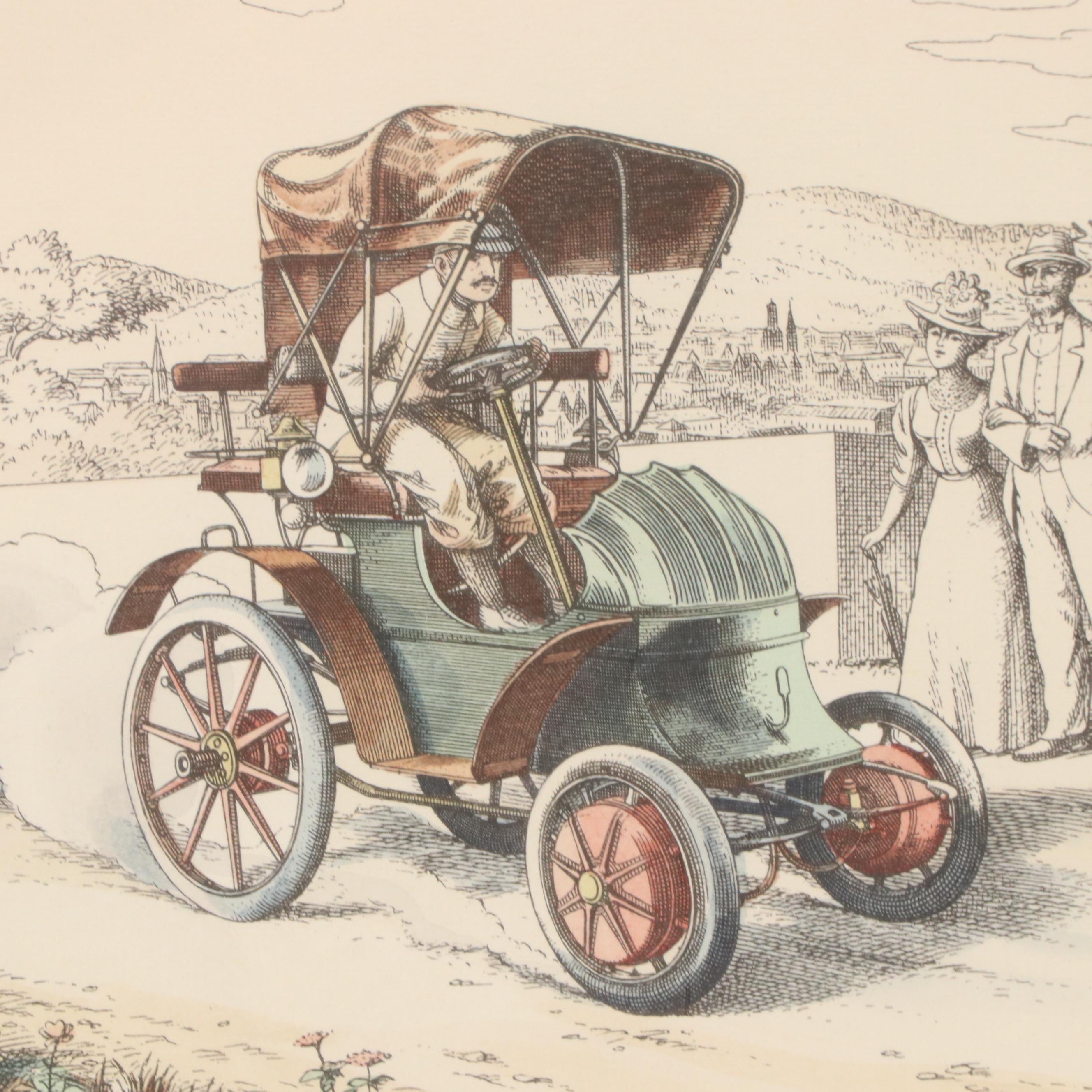 Hand-Colored Lithograph of 1900 Lohner-Porsche Hybrid