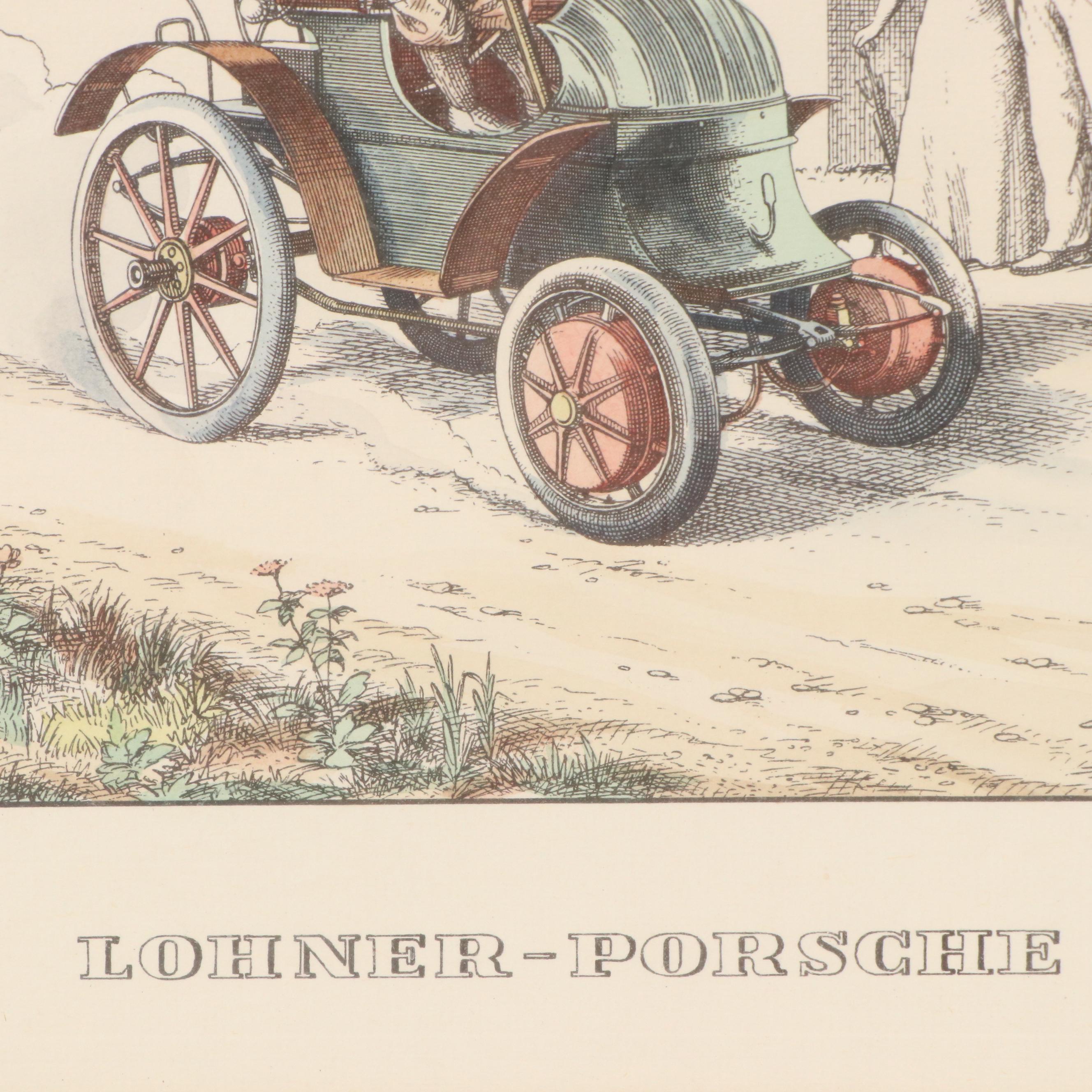 Hand-Colored Lithograph of 1900 Lohner-Porsche Hybrid