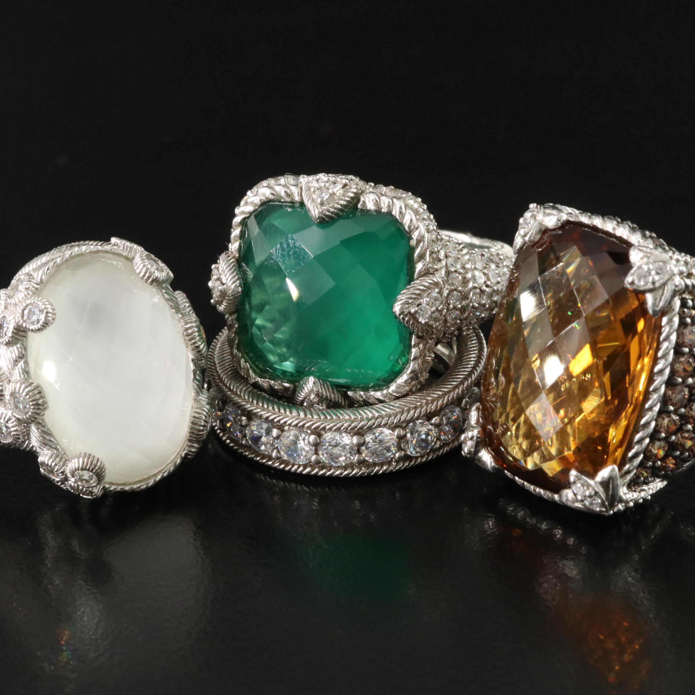 Judith Ripka Sterling Gemstone Rings Featuring Rock Crystal and Abalone
