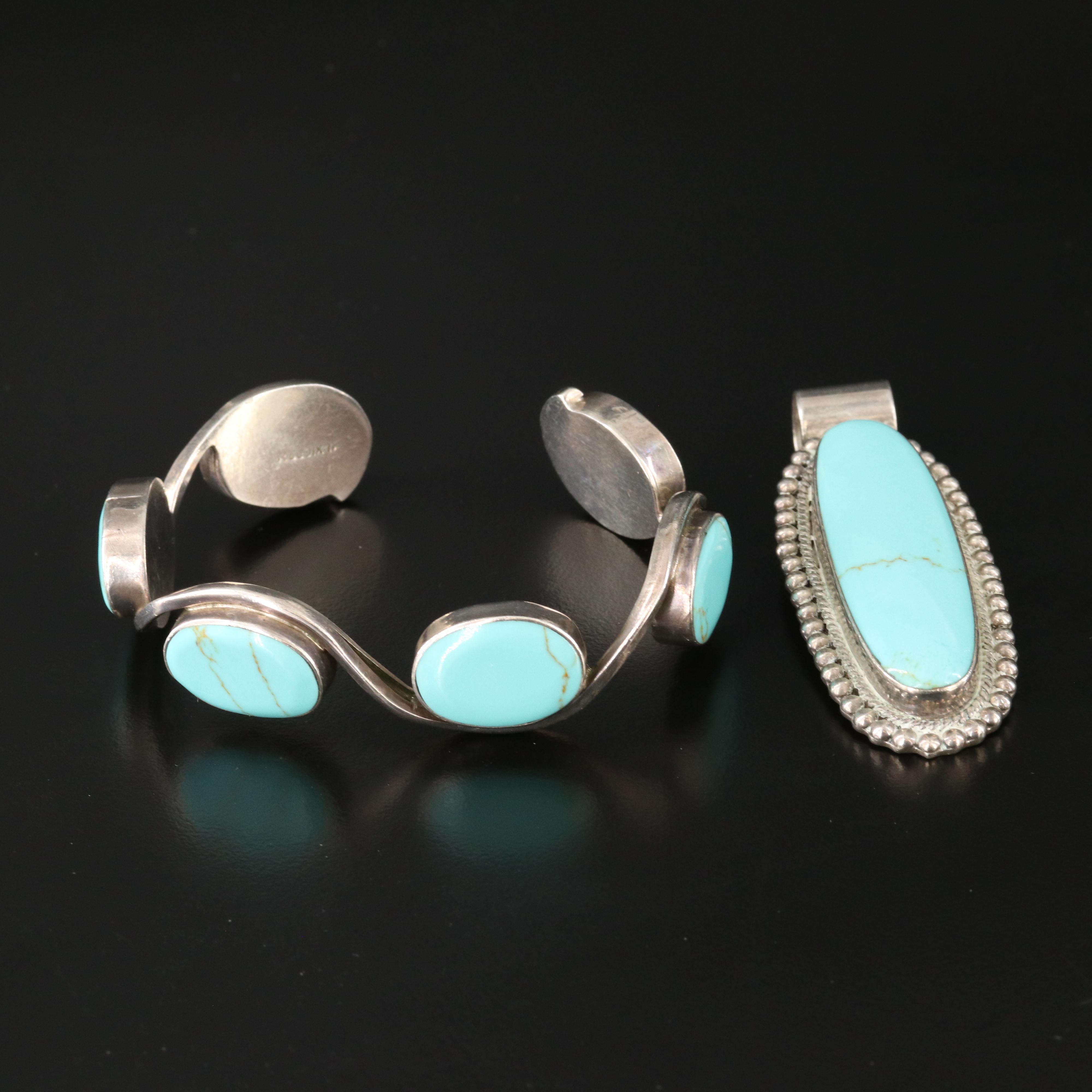 Mexican Sterling Faux Turquoise Pendant and Cuff