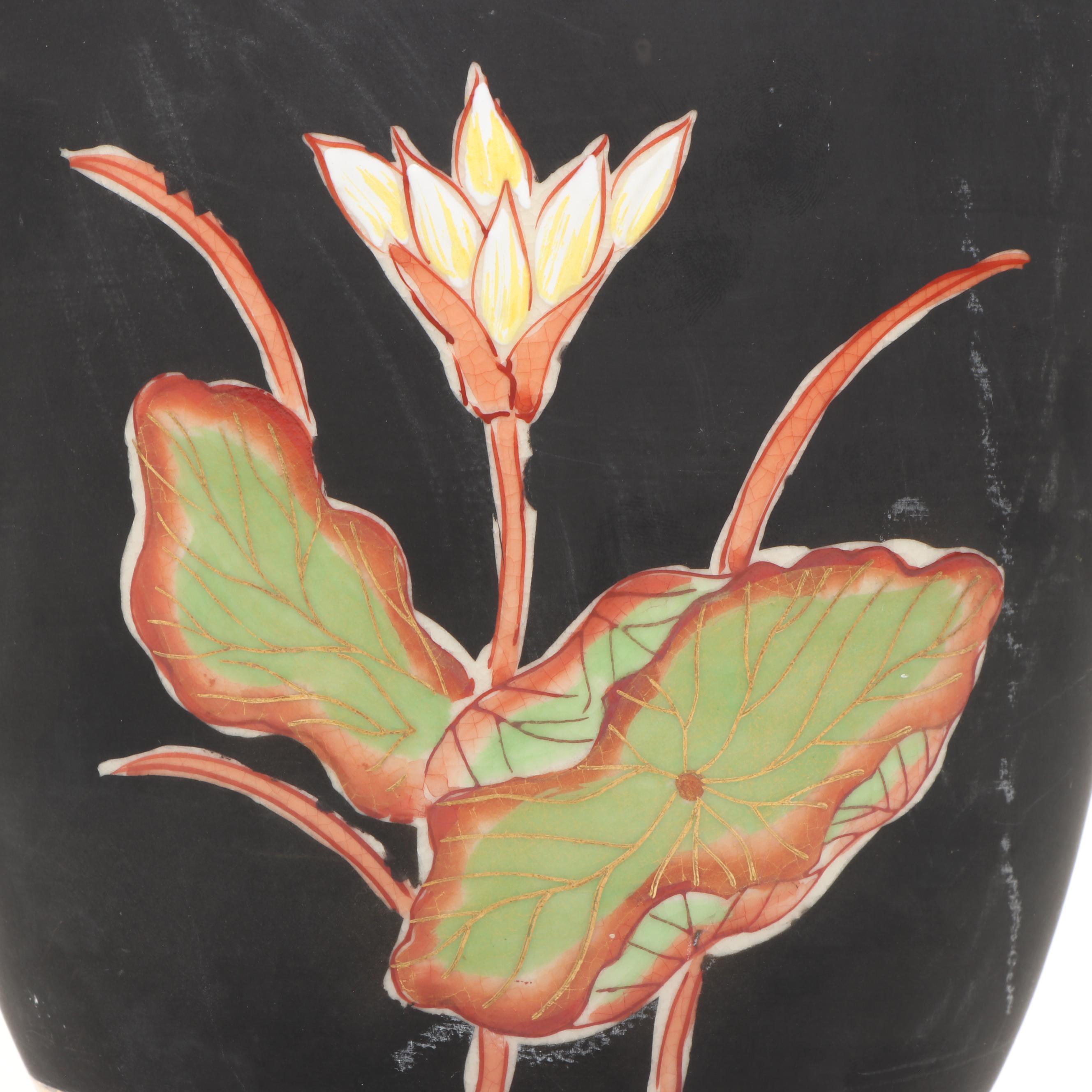 Japanese Lotus Black Matte Finish Porcelain Vase