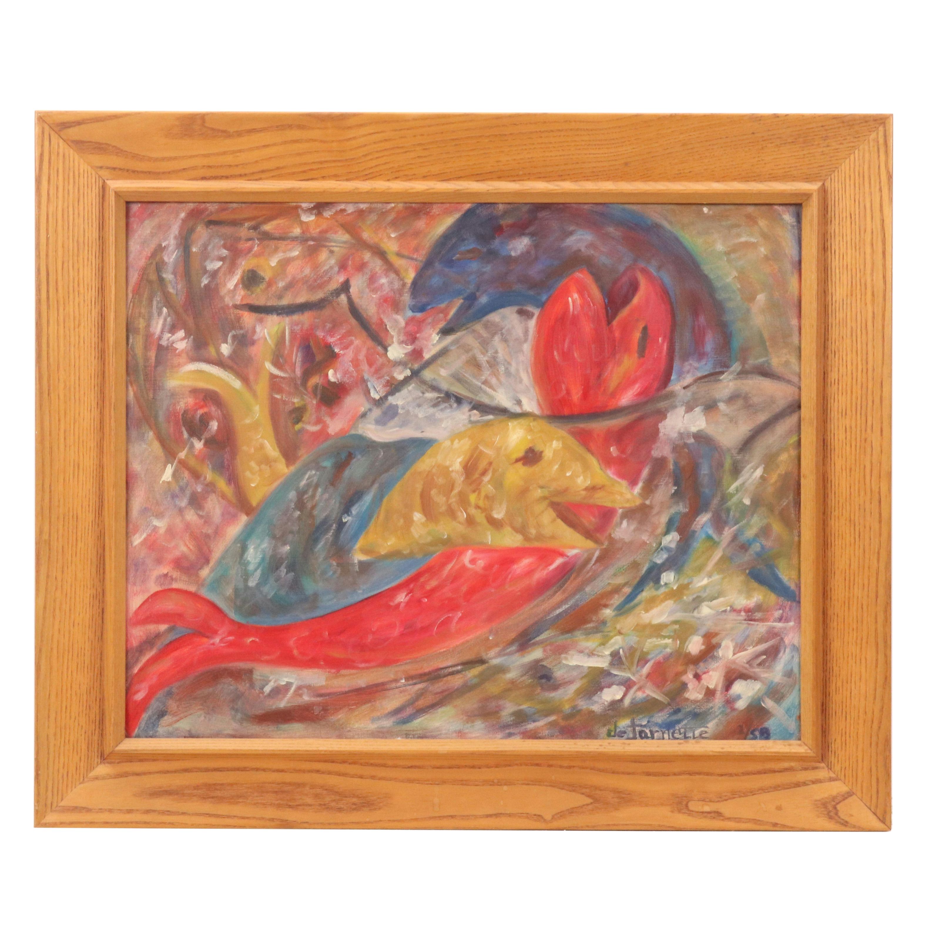 Modernist Oil Painting of Fish in Underwater Scene, 1950